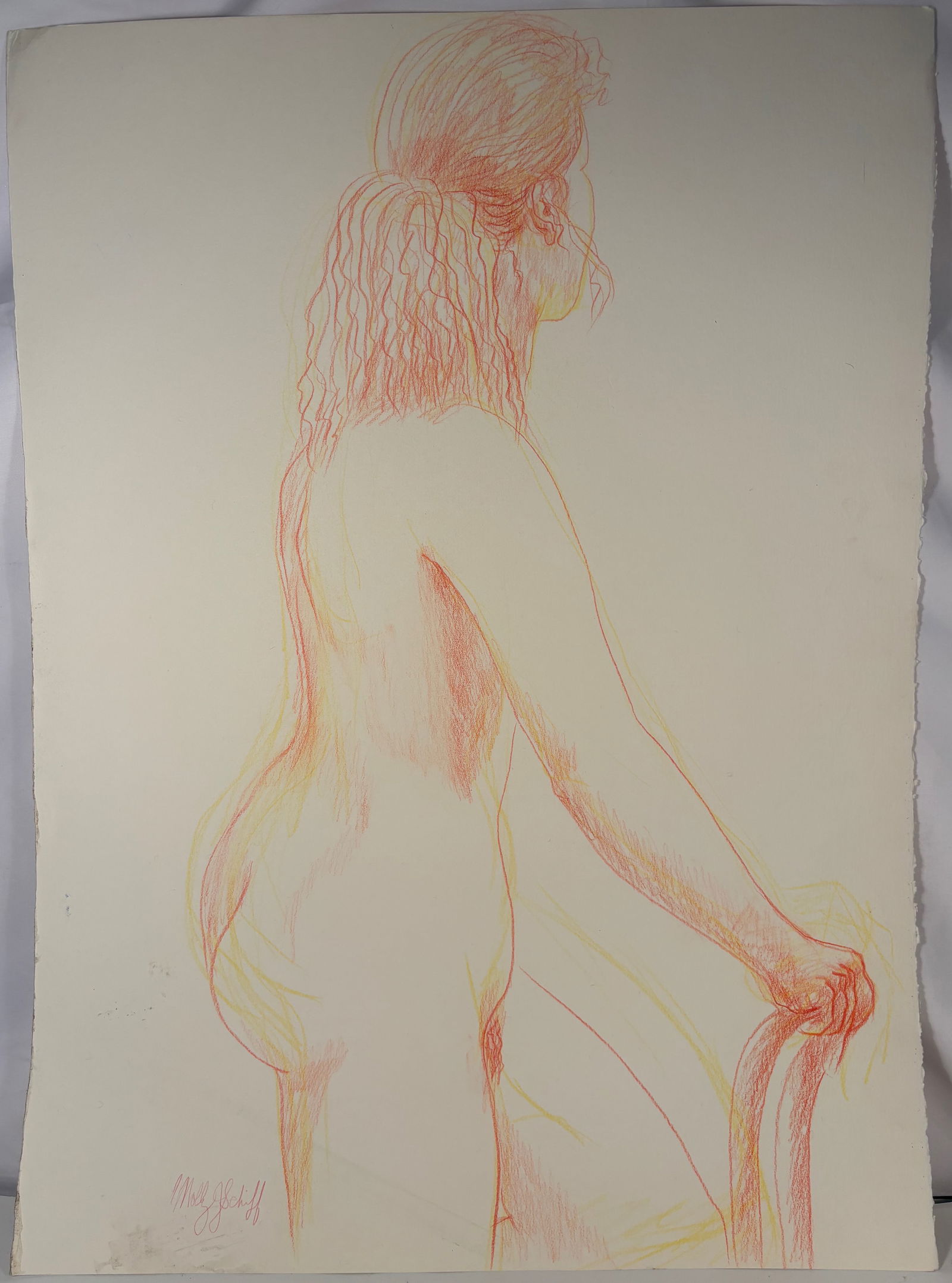 Molly J. Schiff (1927–2018), Seated Female Nude (Figure Study): Colored pencil and pastel figure study on paper depicting a seated female nude in profile. Executed with fluid, expressive line work and layered red, orange, and yellow tones, the drawing emphasizes f