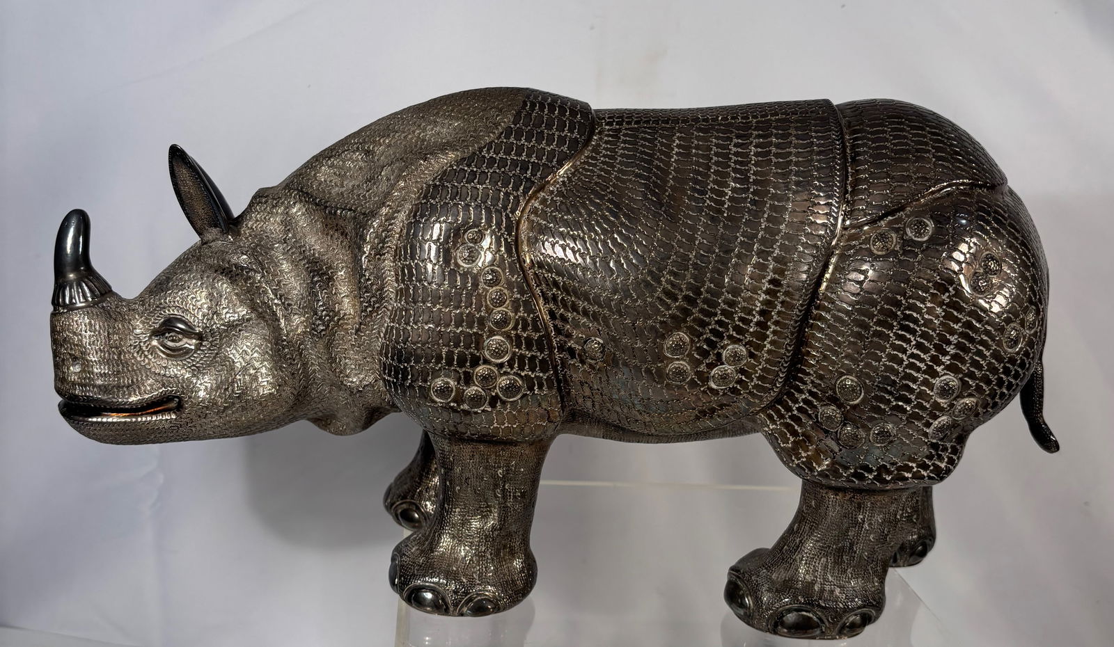A Dürer-Inspired Silvered Brass Armored Rhinoceros Sculpture (1 of 17)