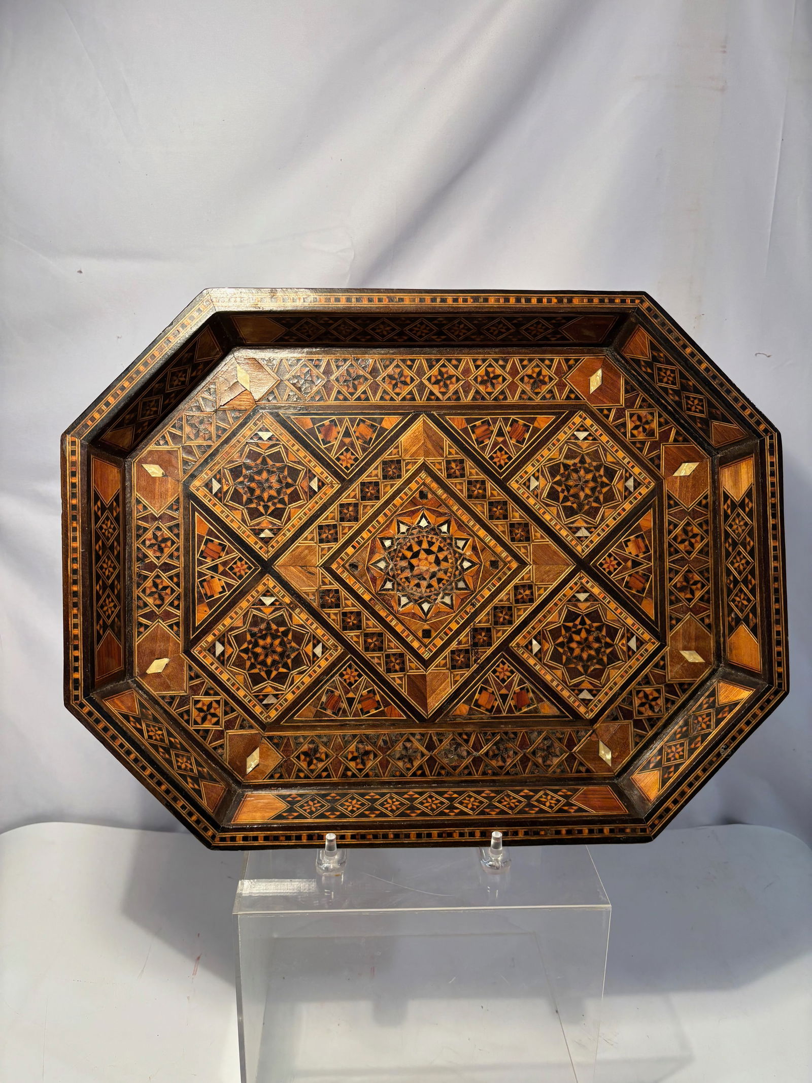 A Middle Eastern Geometric Marquetry Inlaid Wooden Tray (1 of 12)