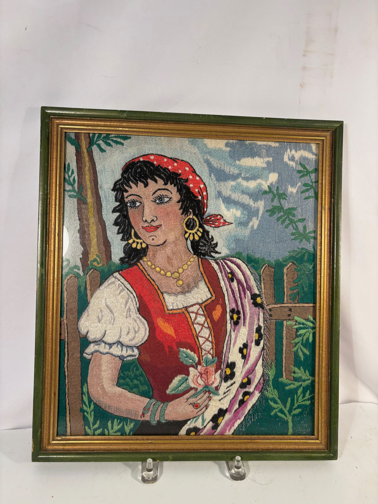 European Silk Petit Point Embroidered Portrait of Lady Portrait: European silk petit point embroidered portrait depicting a finely detailed bust of a lady in period dress with jewelry and decorative costume. Executed with tightly worked silk stitches creating subtl