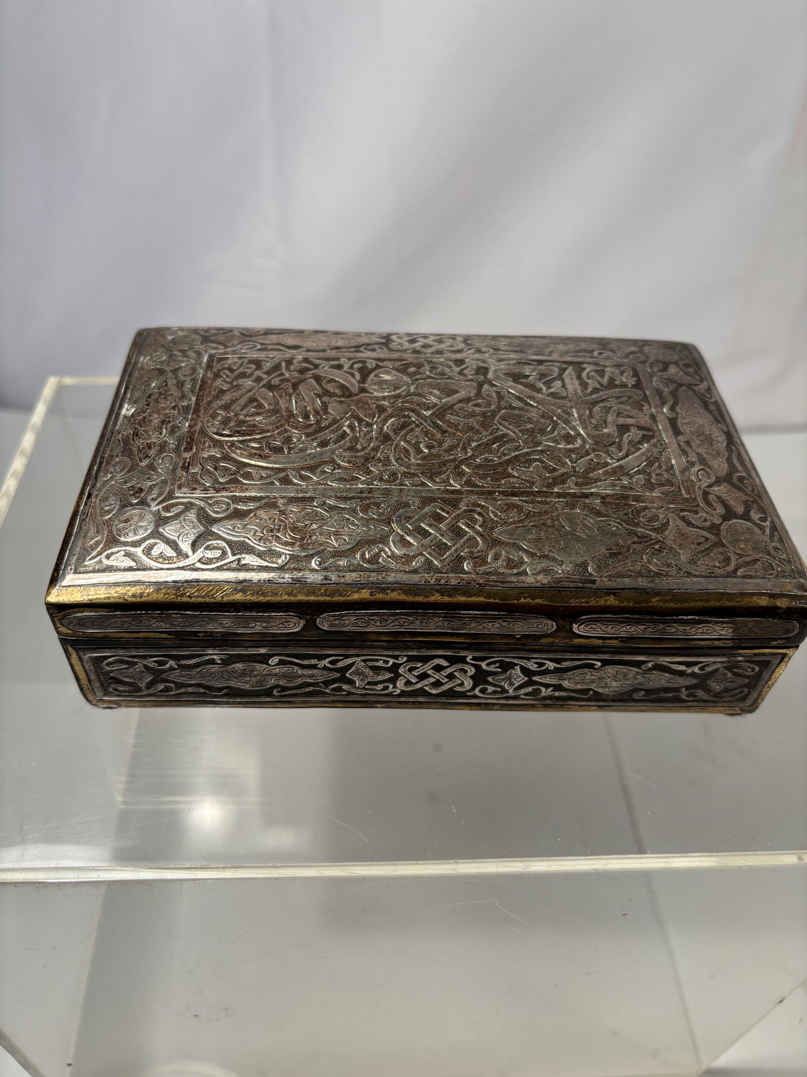 Syrian Damascus Silver-Inlaid Brass Box with Arabic Calligraphy, Late 19th Century (1 of 13)