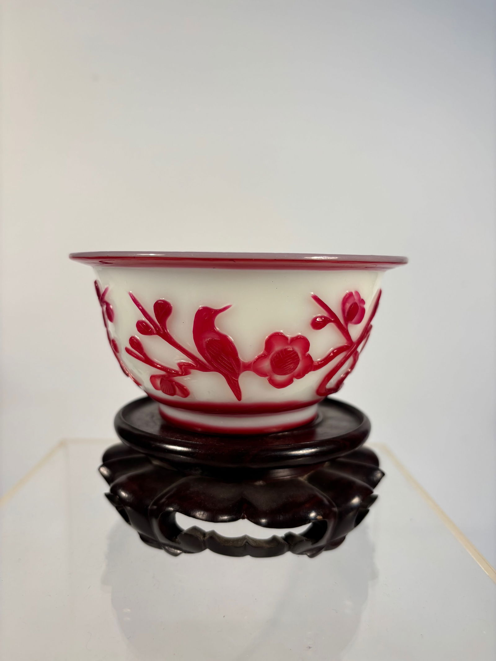 A Chinese Red Overlay Peking Glass Bowl carved "MADE IN CHINA" (1 of 8)