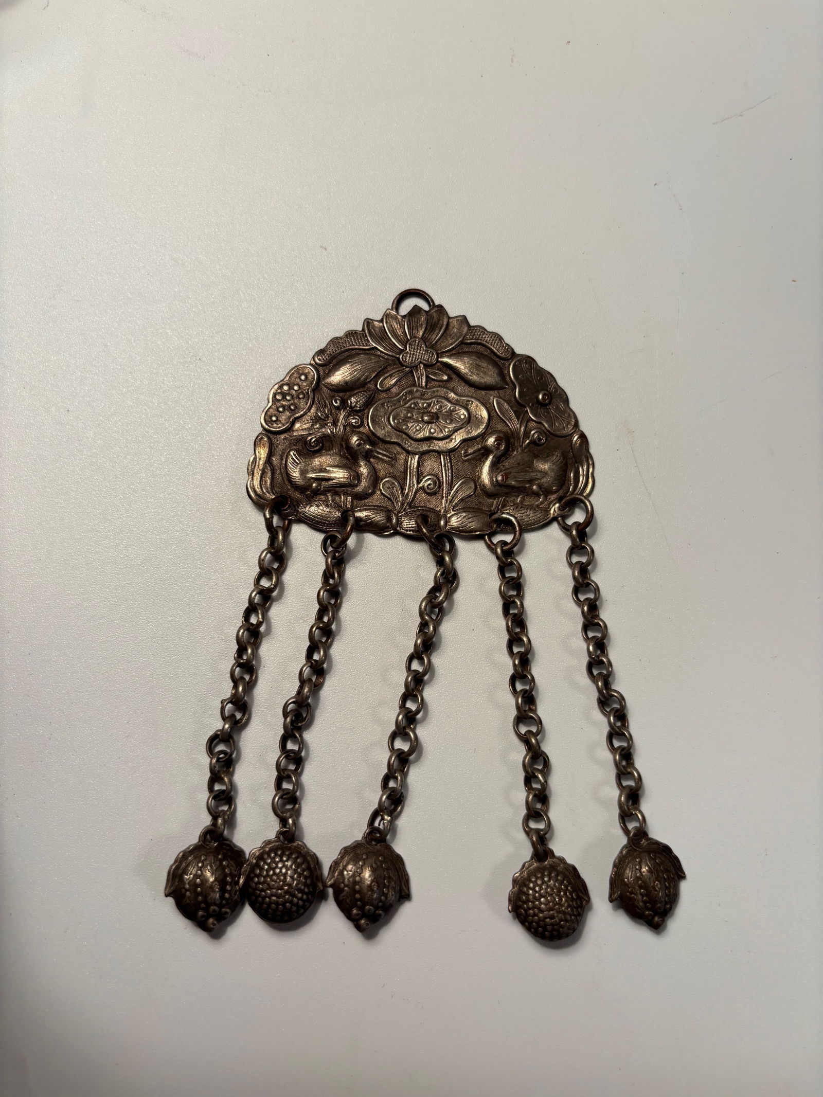 A Chinese Silver Pendant with Lotus and Frogs, (1 of 6)