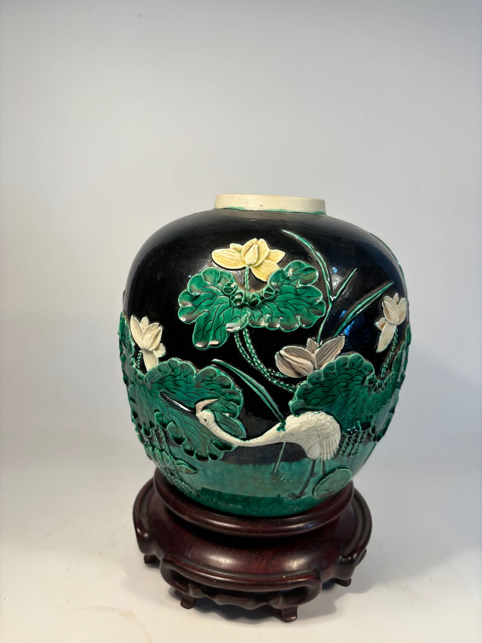 A Chinese High-Relief Porcelain Jar with Cranes and Lotus, Marked "Wang Bingrong" (1 of 11)