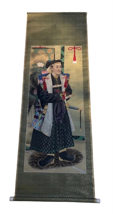 A Japanese Hand-Painted Scroll Imperail Portait Title "Prince of Owari": Meiji period (1868–1912), each exquisitely executed in ink and color on silk, mounted with brocade borders. The figure is portrayed in full court attire with elaborate kimono patterns, traditional h