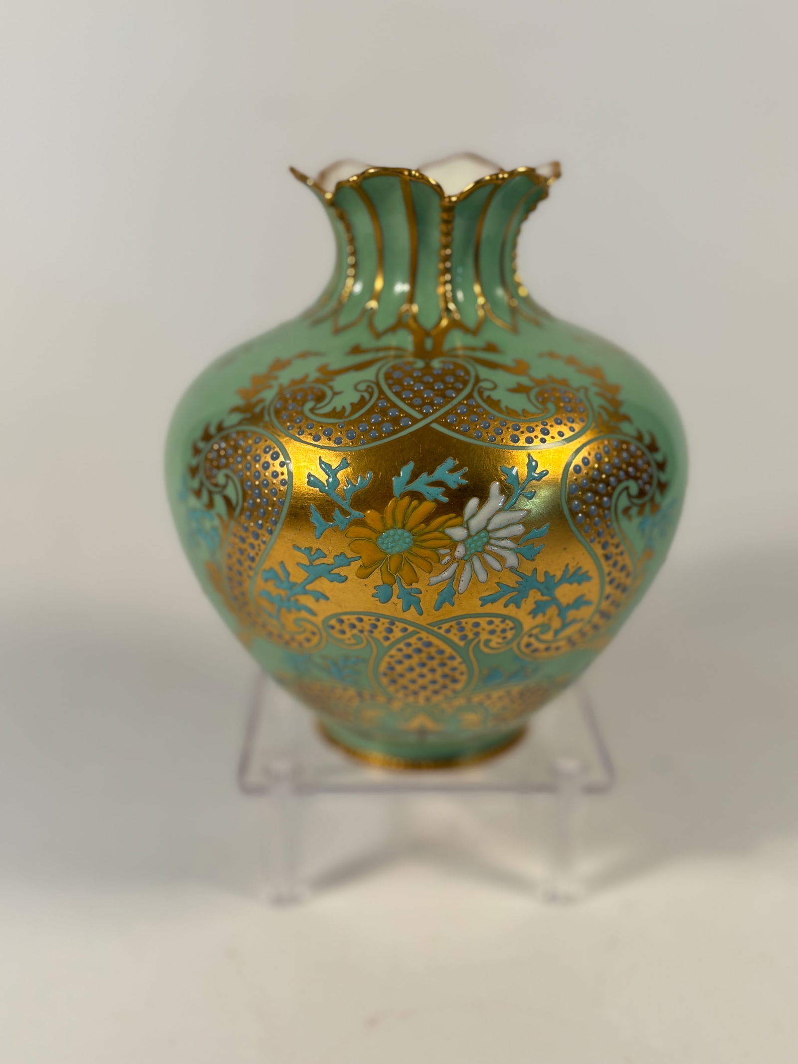 A Royal Crown Derby English Porcelain Vase, Green Ground with Gilt and Enamel Floral Decoration (1 of 10)