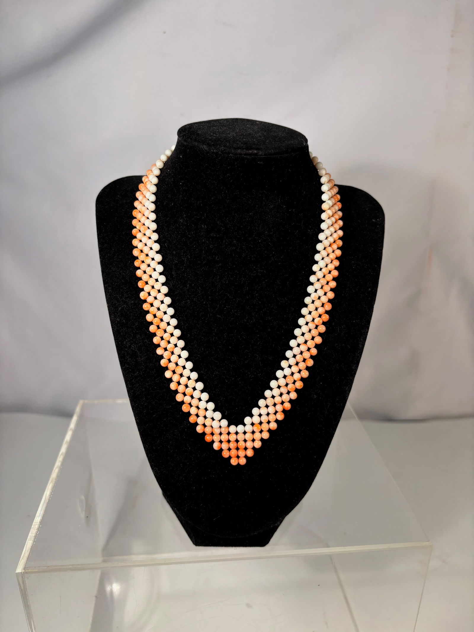 A Multi-Strand Natural Coral Bead V-Shape Necklace with Silver Clasp (1 of 8)