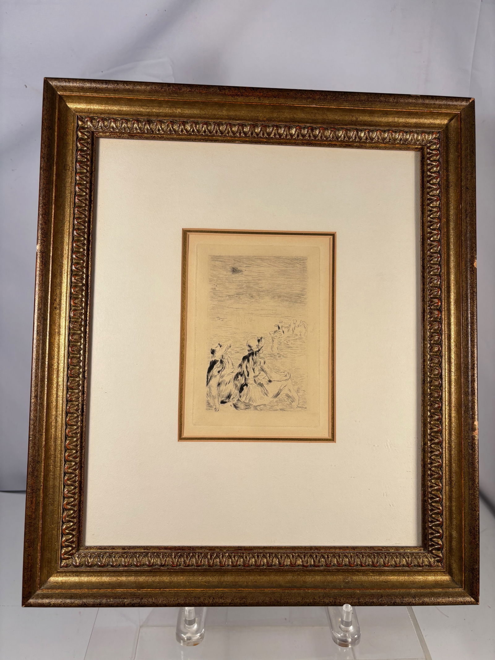 Pierre-Auguste Renoir; “Sur la plage, à Berneval?? Etching, 1892 (Delteil 5); later impression: Etching on paper depicting two seated women observing bathers along the shoreline, titled Sur la plage, à Berneval. The composition was created in 1892 by Pierre-Auguste Renoir and is catalogued as D