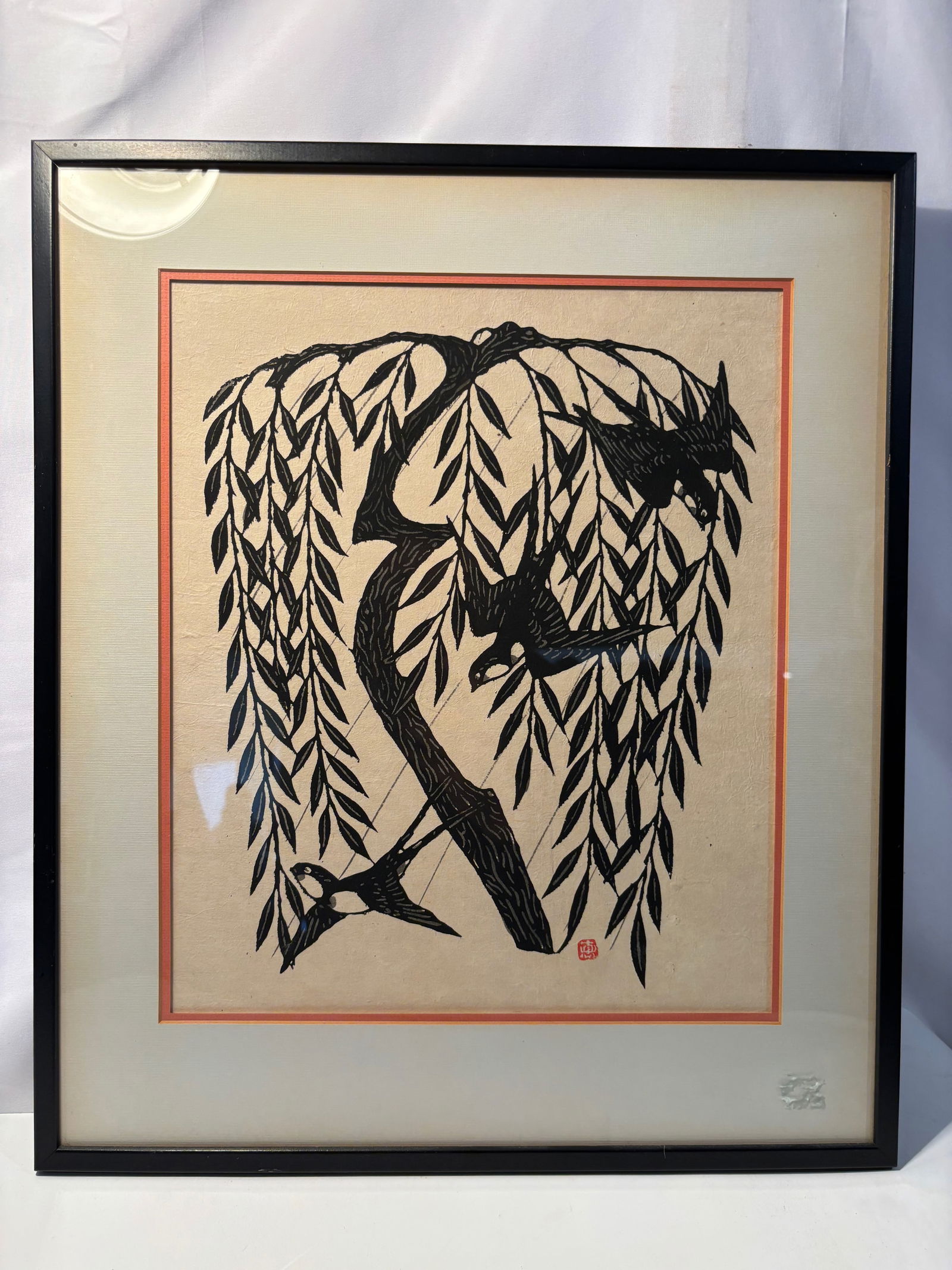 Japanese Modern Woodblock Print, Swallows in Willow Tree, Signed “Kei?? (?) Seal: Japanese modern woodblock print depicting swallows in flight among cascading willow branches, rendered in a bold black silhouette composition. The design emphasizes strong graphic contrast and simplif