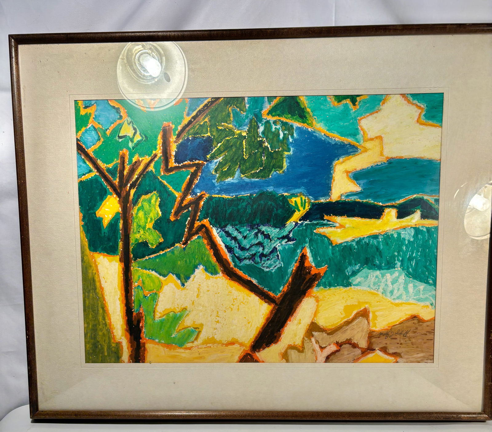 Molly J. Schiff (1927–2018, Chicago), Negril Nite View, Jamaica, oil painting, signed.: A vibrant abstract coastal landscape inspired by the artist’s travels to Negril, Jamaica. Rendered in Schiff’s signature bold palette of yellows, greens, and blues, the composition features angula