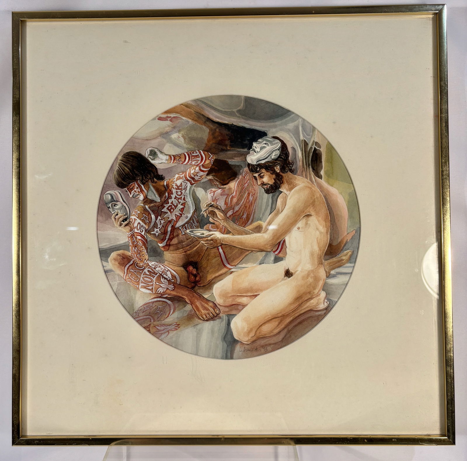 George P. Schneider(1934-2025);Figures with Mask and Body Inscriptions; Mixed Media on paper: A contemporary reinterpretation of an ancient Greek vase motif, depicting two nude male figures rendered with bold, graphic outlines. One figure holds a theatrical mask while the other applies symboli