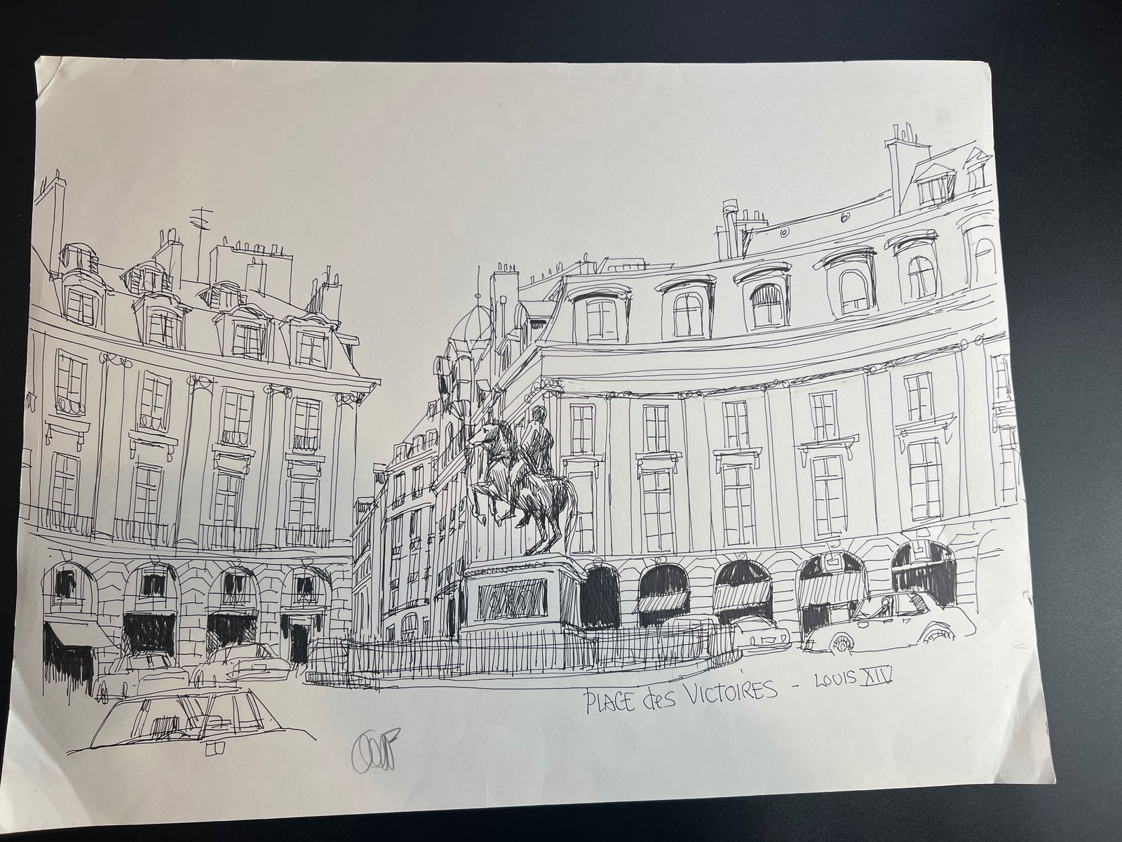 Pen-and-ink architectural Sketch “Place des Victoires in Paris, France; " signed by William: William Orlandorf (American, 1924-1996), was a lifelong Chicago resident and world recognized artist sketched and painted Chicago and the cities of Europe for over 30 years. Bill's style is neo-impres