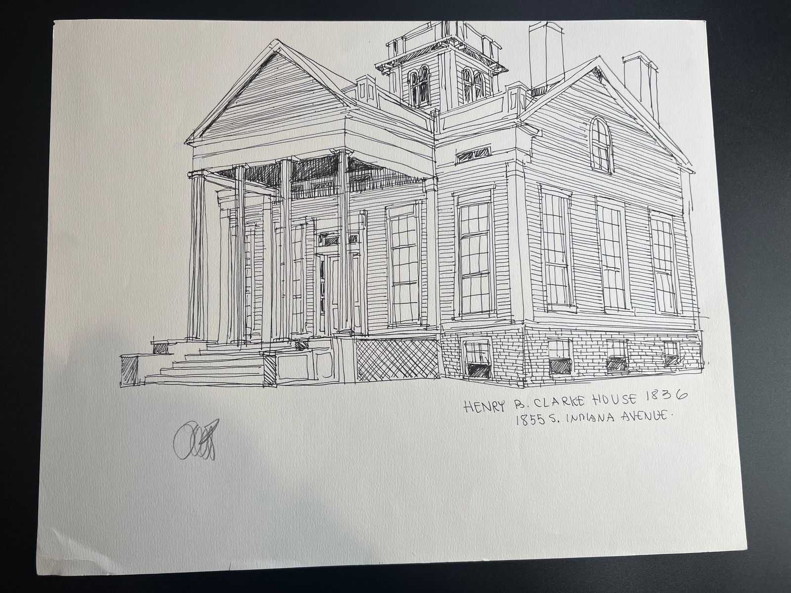 Pen-and-ink architectural Sketch “The Henry B. Clarke House - 1836 ; 1855 South Indiana Avenue in: William Orlandorf (American, 1924-1996), was a lifelong Chicago resident and world recognized artist sketched and painted Chicago and the cities of Europe for over 30 years. Bill's style is neo-impres