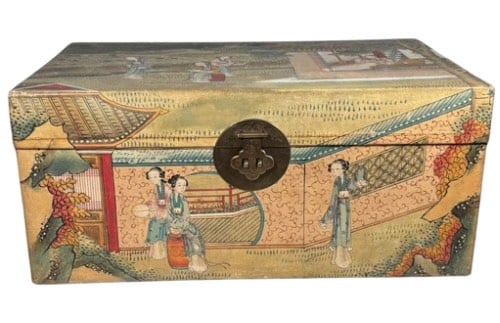 A Chinese Painted Leather Camphor Wood Box with Court Scene (1 of 18)