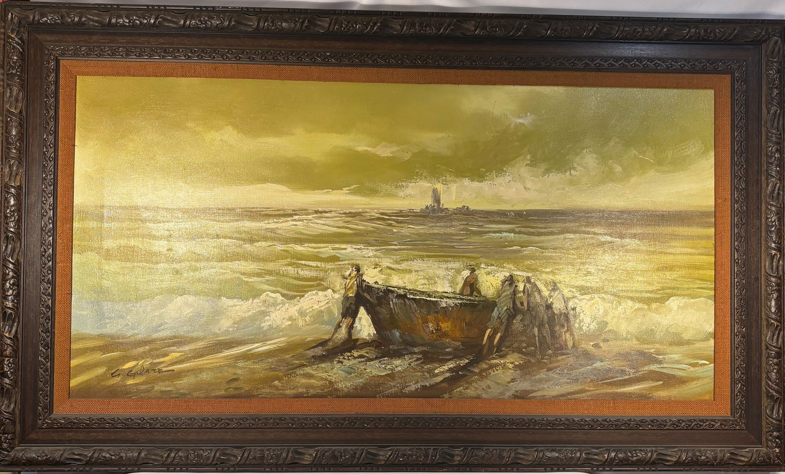 A Large Panoramic Coastal Landscape, oil on canvas , Signed: Oil on canvas depicting a panoramic coastal scene with a beached fishing boat in the foreground and distant shoreline under a luminous sky. Rendered in warm golden and muted blue tones with expressive