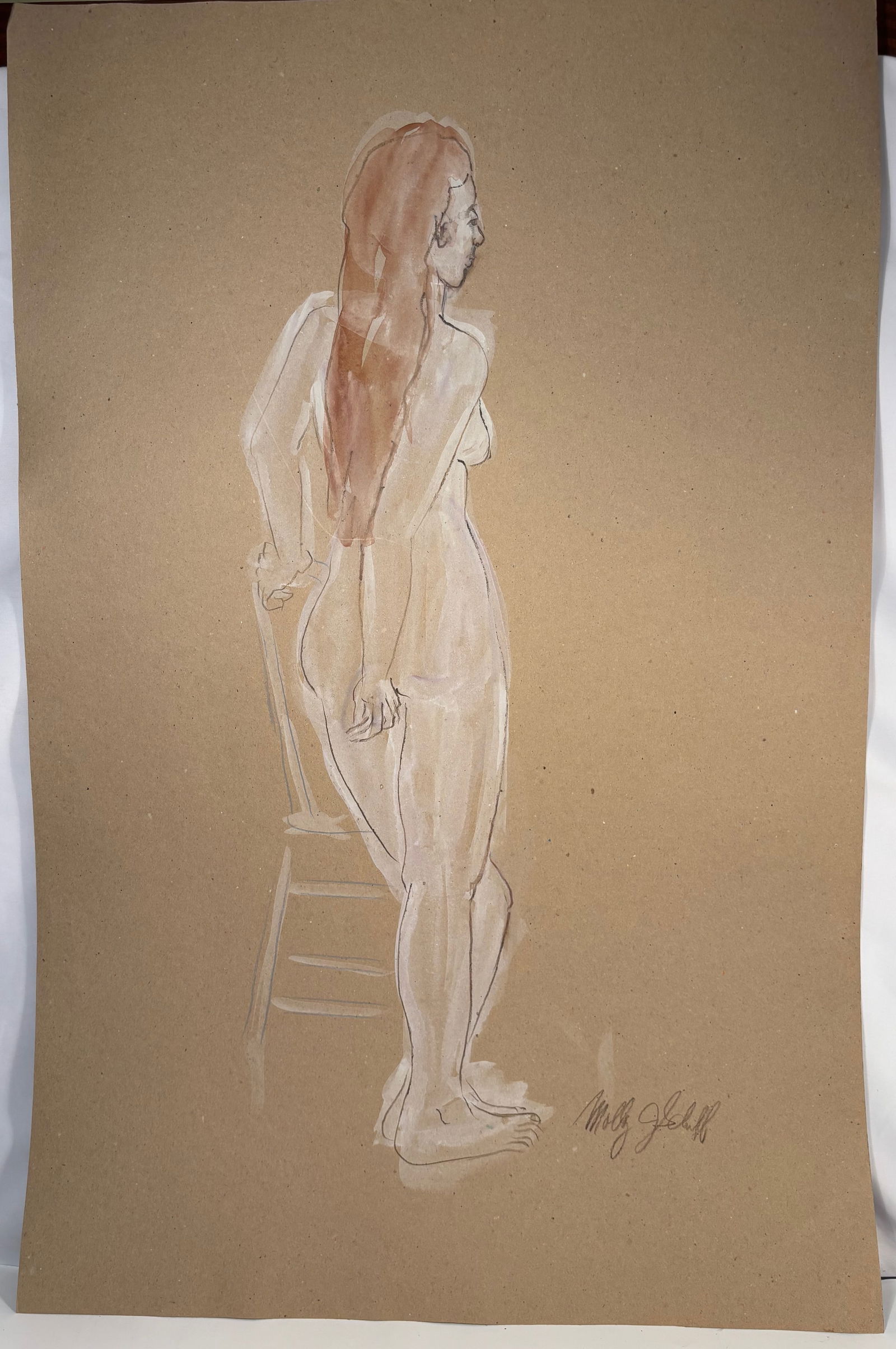 Molly J. Schiff (1927–2018), Standing Female Nude, Profile (Figure Study), mid 20th century: Ink and wash figure study on brown paper depicting a standing female nude shown in profile, with a chair lightly indicated behind the figure. Executed with delicate linear drawing and subtle white