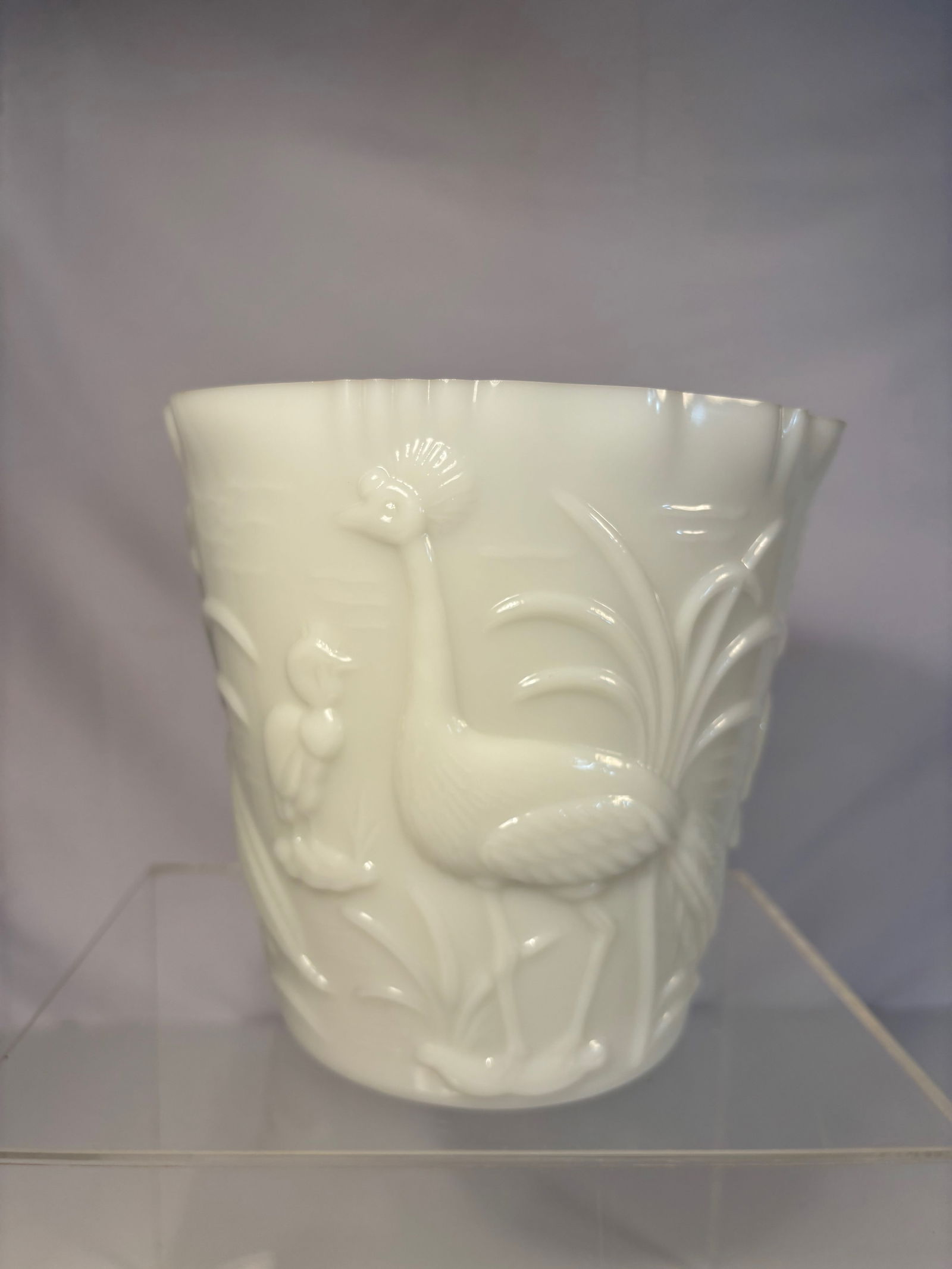 Vintage Gillinder Glass Milk Glass Flared Vase with Relief Birds & Foliage: A vintage American pressed milk glass vase by Gillinder Glass Company, USA, mid-20th century. The flared cylindrical form is molded in high relief with exotic birds among foliage. The underside with e
