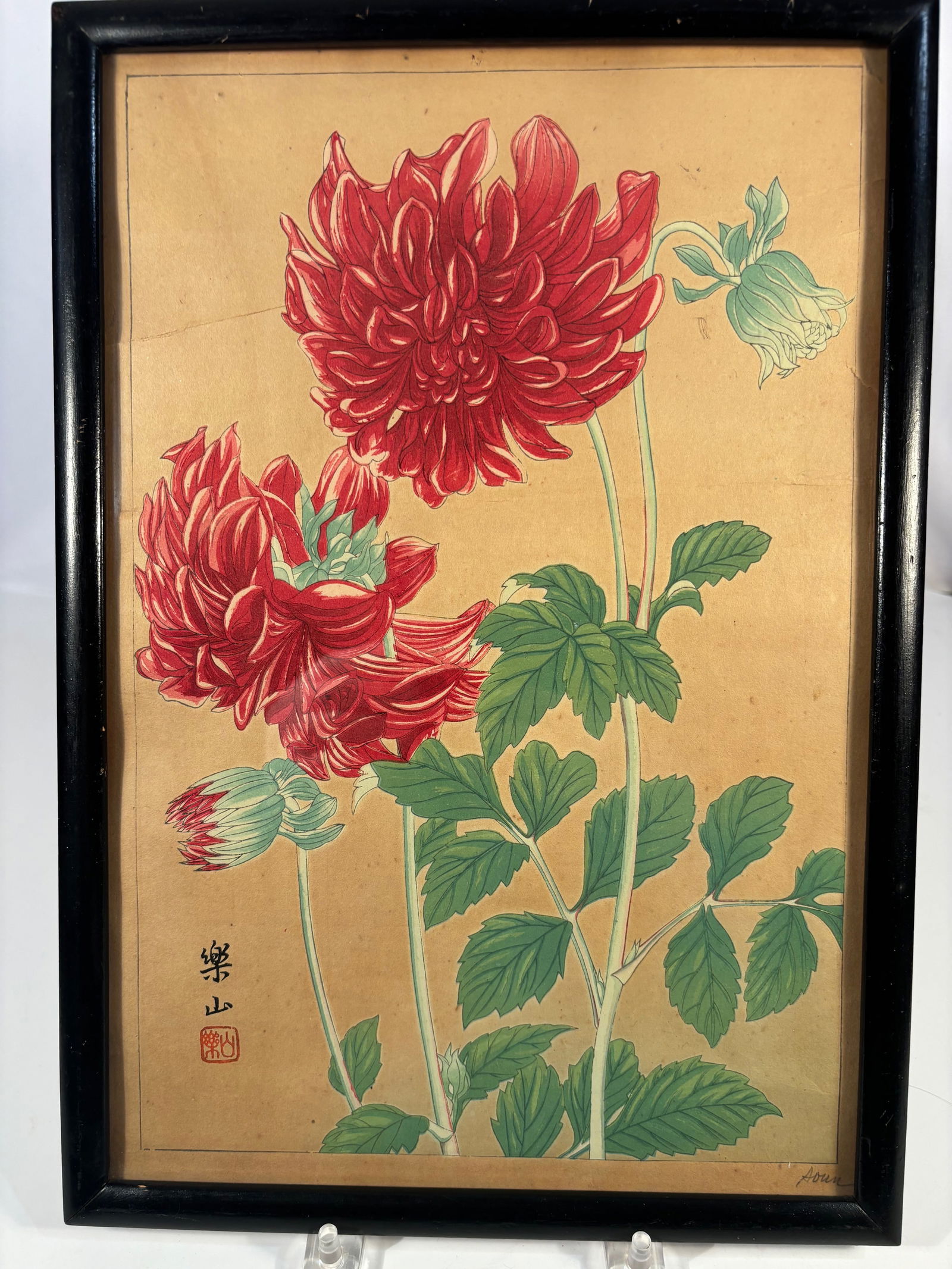 A Japanese Fuchsia Woodblock Print, Signed Rakusan: Meiji period (1868–1912); A Japanese Woodblock Print Depicting Iris Flowers by Chigusa Soun Signed & Framed, Size:11.5 x 16.5 in."