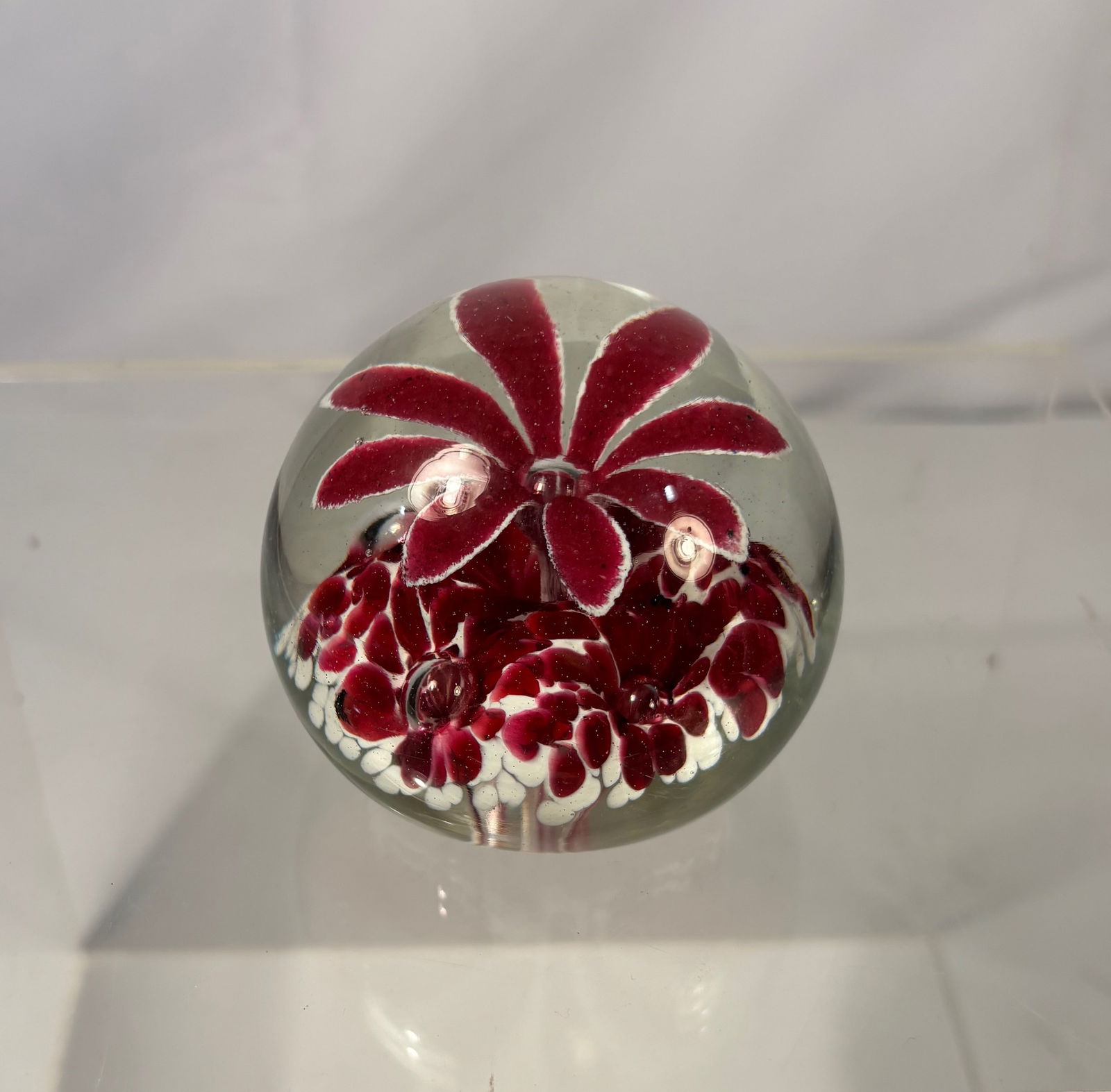 A Italian Murano Style Red Lampwork Floral Art Glass Paperweight: Italian Murano style art glass paperweight featuring a central red lampwork flower with white-edged petals, set above a cluster of smaller red floral elements. The design is encased within a clear gla