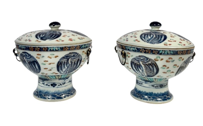 Pair Chinese Doucai Covered Bowls on Tall Foot with Palace Pattern, Marked "Guang Xu" six: Qing Dynasty(1644-1912); A fine pair of Chinese doucai porcelain covered bowls, each bearing a red six-character Guangxu mark on the interior. Each bowl stands on a tall splayed foot and is richly dec