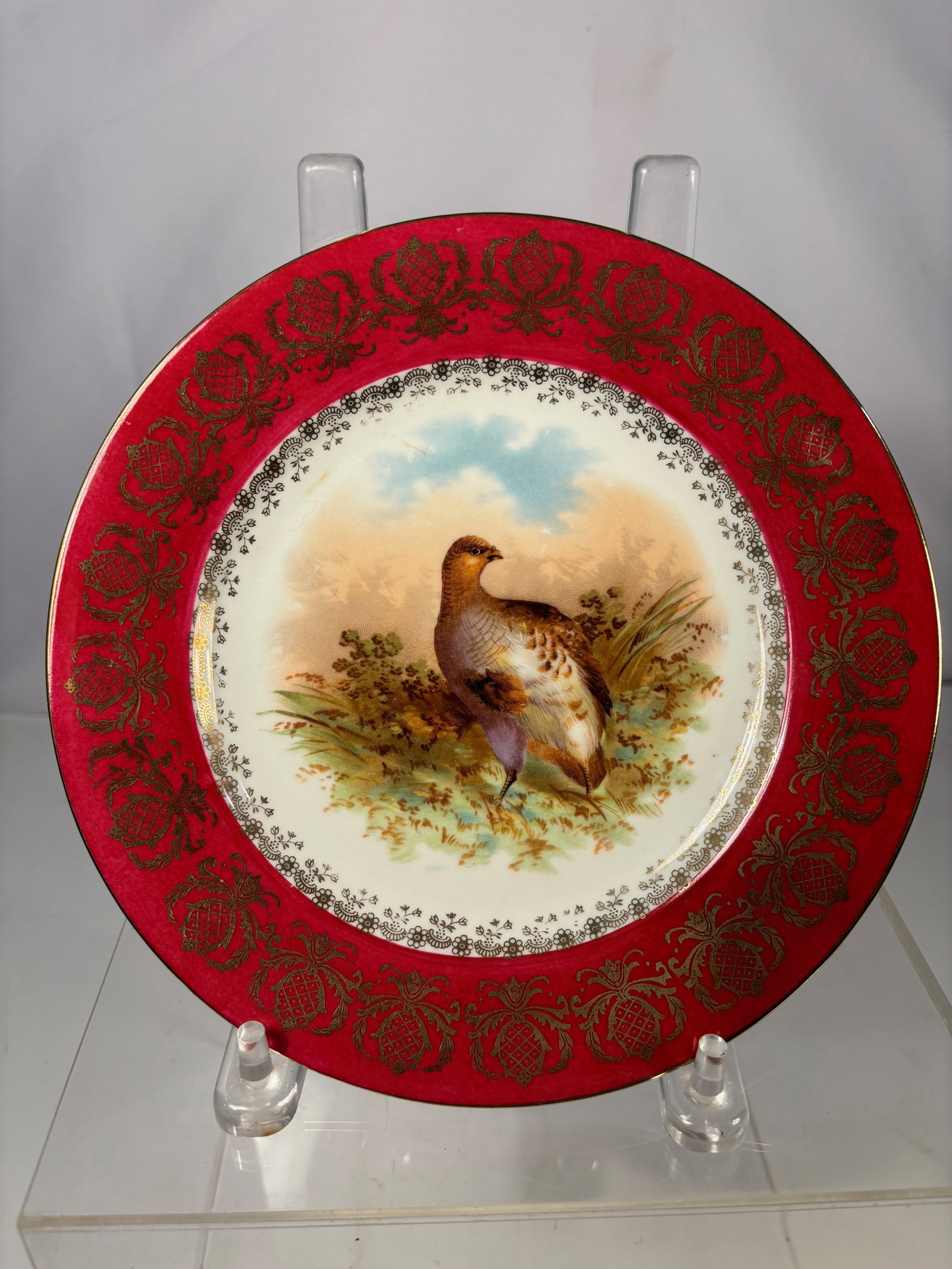 An Austrian Porcelain Cabinet Plate with Hand-Painted Game Bird: Austrian porcelain cabinet plate, late 19th to early 20th century, decorated with a finely hand-painted game bird within a landscape setting. The wide red ground border is richly embellished with
