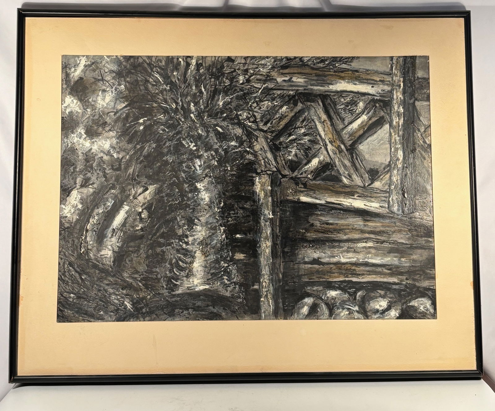 Paul Gallis (American, 1946–2003), Early Abstract Textured Painting, 1966: Paul Gallis (American, 1946–2003). An early abstract painting, dated 1966, executed in thick impasto with strong black, white, and grey tones. The composition appears to depict a rustic wooden struc