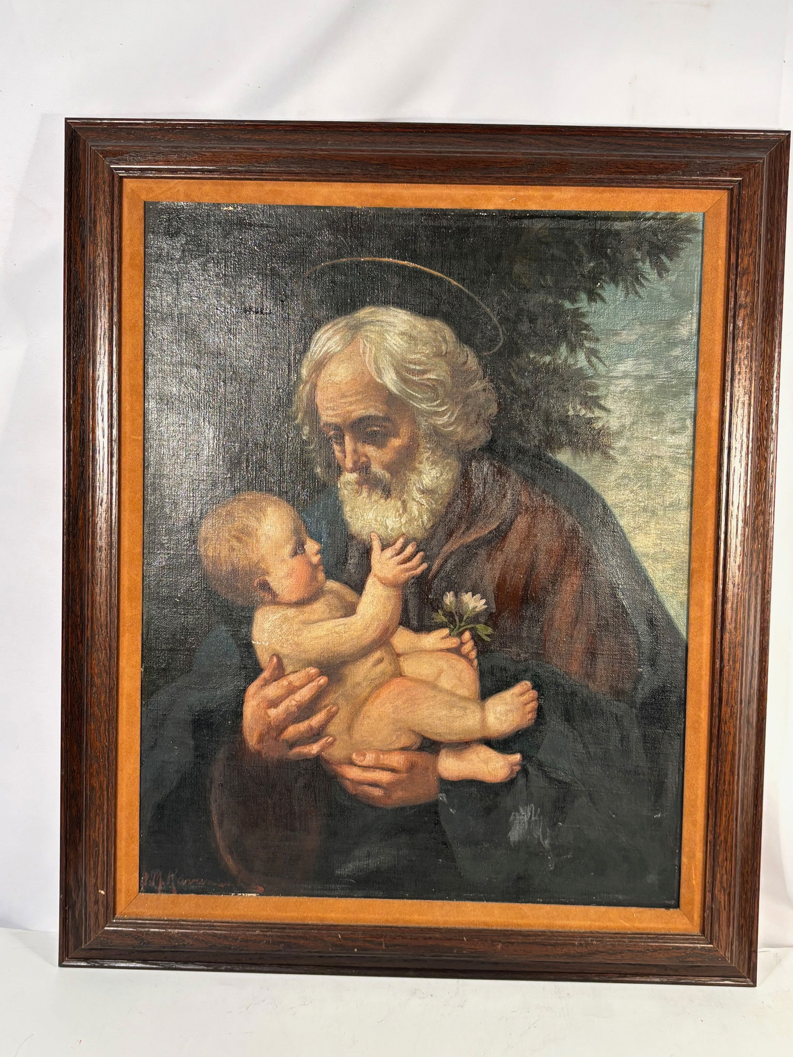 Joseph Malachy Kavanagh, Irish (1856 – 1918), 19th Century Oil on canvas of Saint Joseph, signed: Joseph Malachy Kavanagh (1856 – April 2, 1918) was an Irish painter.Kavanagh was a student at the Metropolitan School of Art from 1887 to 1888. In September 1881 he, along with Walter Osborne and Na