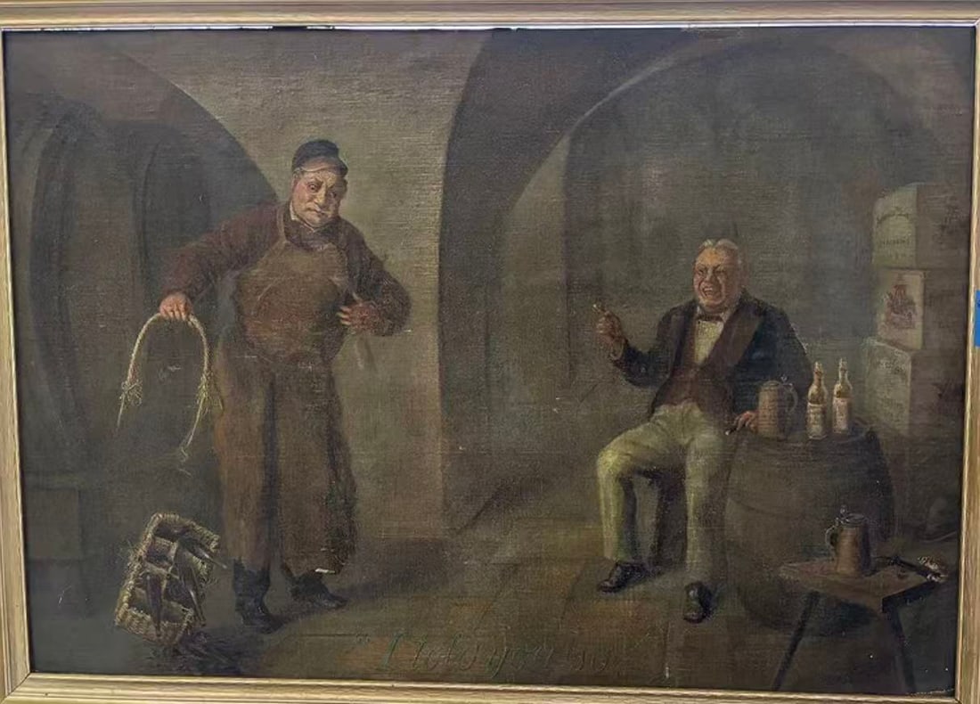 Large European Genre Oil Painting “I Told You So?? Tavern Scene, 74 x 53.5 in: Large European genre oil painting depicting a humorous tavern interior scene. The composition shows a butcher holding sausages while another man sits on a barrel drinking and smoking, with bottles and