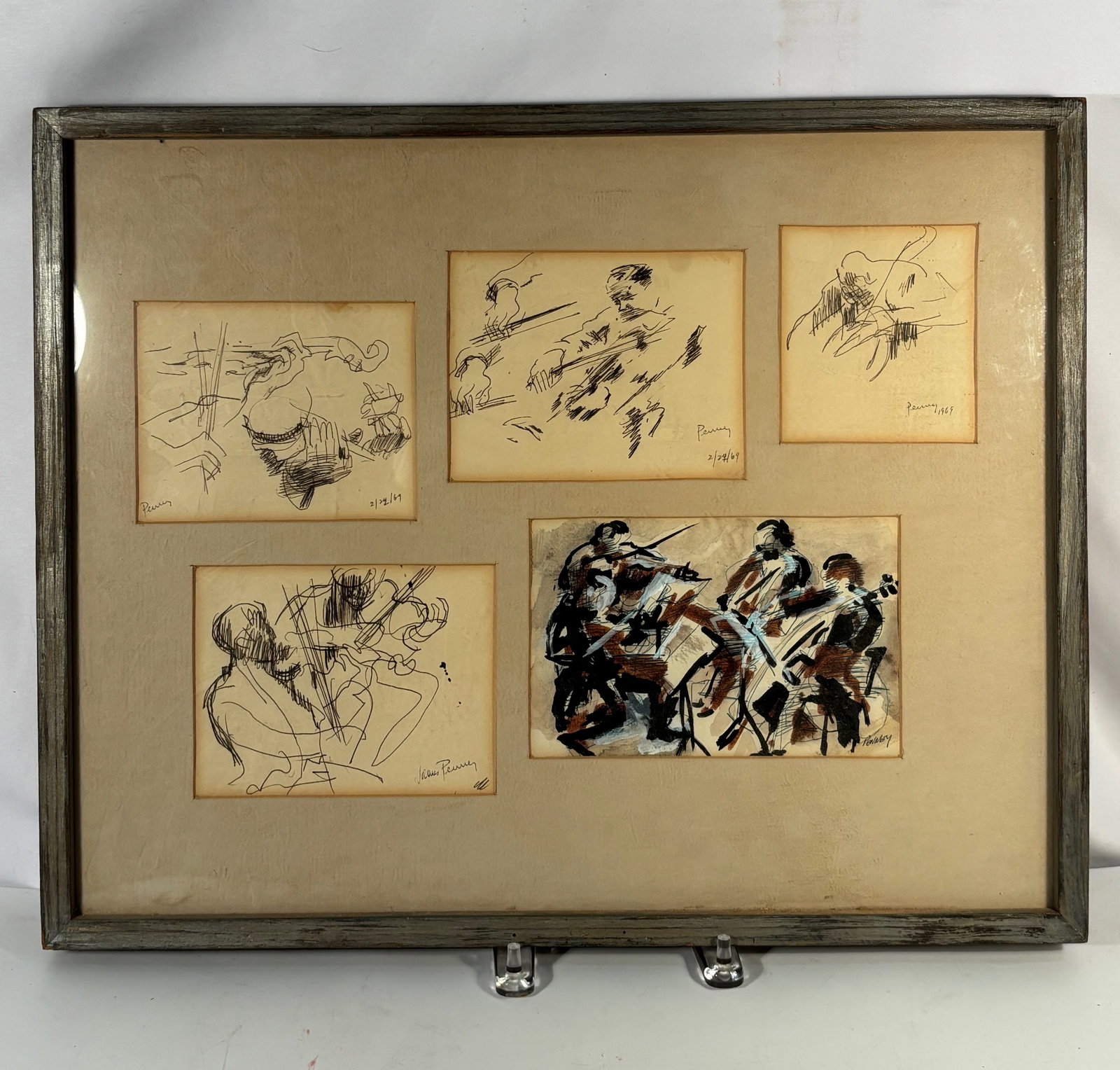 James Penney (1910–1982) “Sketches of String Quartet,?? Ink and Wash Drawings, 1969: Framed group of expressive ink and wash sketches by American artist James Penney (1910–1982) titled “Sketches of String Quartet.” The drawings depict musicians performing in a string