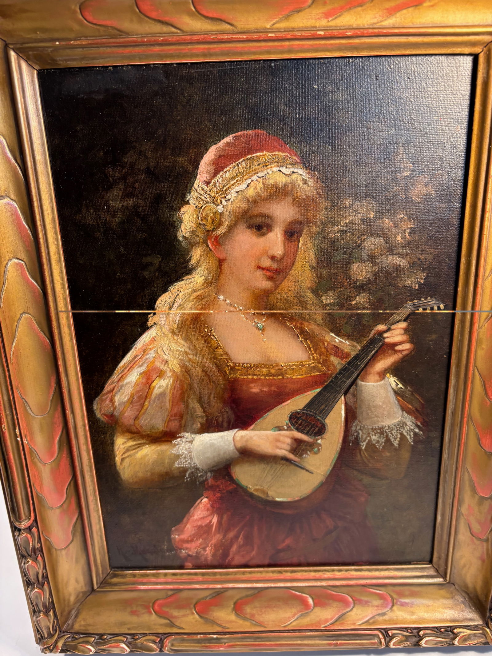 Herman von Michalowski (German, 1849–1912), “Lady of the Court with Lute,?? Oil on Canvas,: A finely rendered oil on canvas depicting a young lady in Renaissance attire playing a mandolin. The sitter wears a richly colored gown with puffed sleeves, lace cuffs, and a jeweled headdress, her