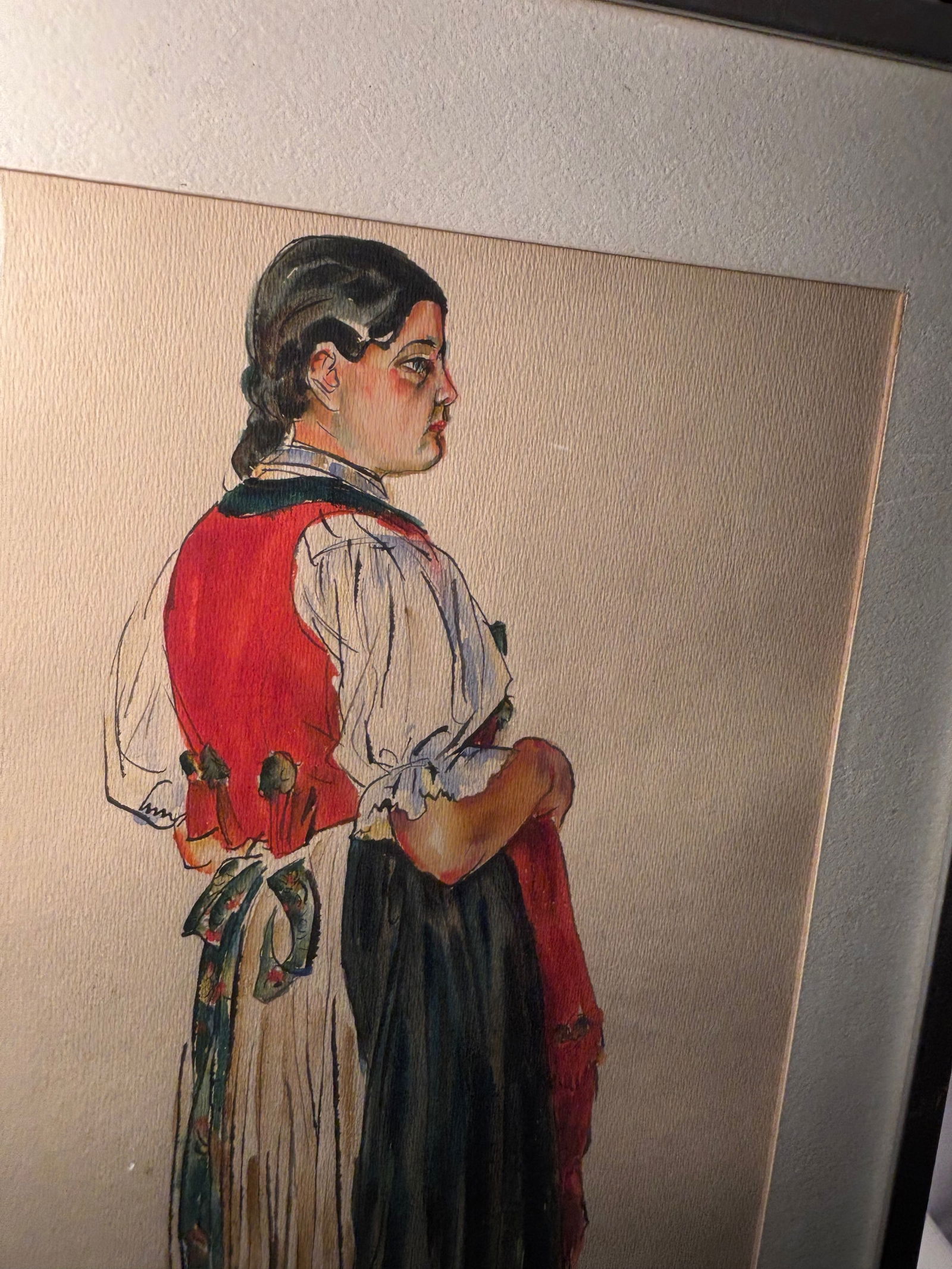 Jan Kobzá? (Czech, 1901–1959), Žena z Valašska (Woman from Valašsko), Watercolor & Ink, dated: Watercolor and ink on paper by Czech artist Jan Kobzá? (1901–1959), titled Žena z Valašska (Woman from Valašsko) and dated 1933. The work depicts a young woman in traditional Valašsko folk