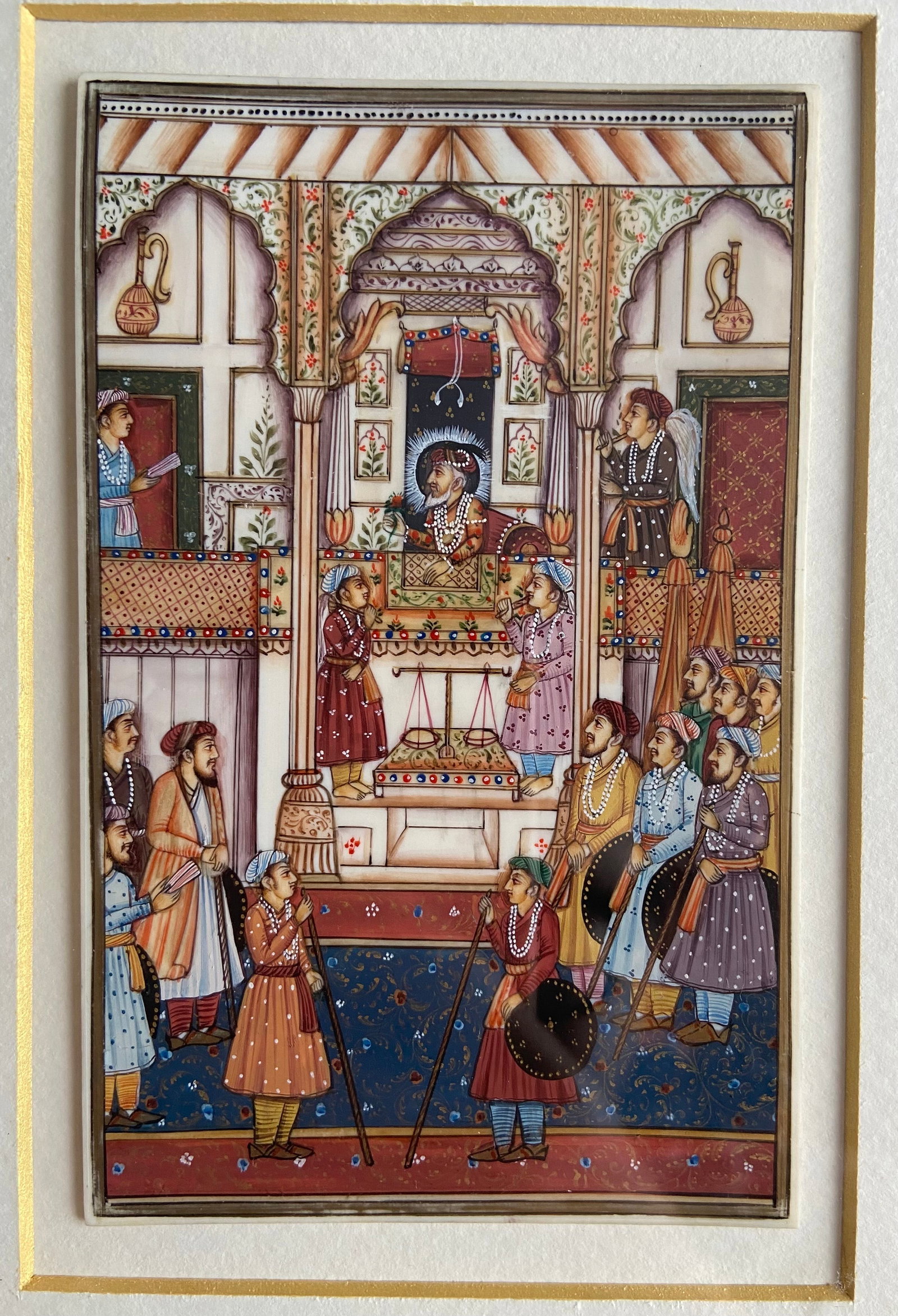 Indian Royal Mughal Court Miniature Hand-Painted Painting: 19th century, hand-painted Indian miniature depicting a royal Mughal court scene, with richly dressed courtiers, attendants, and a central enthroned ruler. Executed in opaque watercolor with intricate