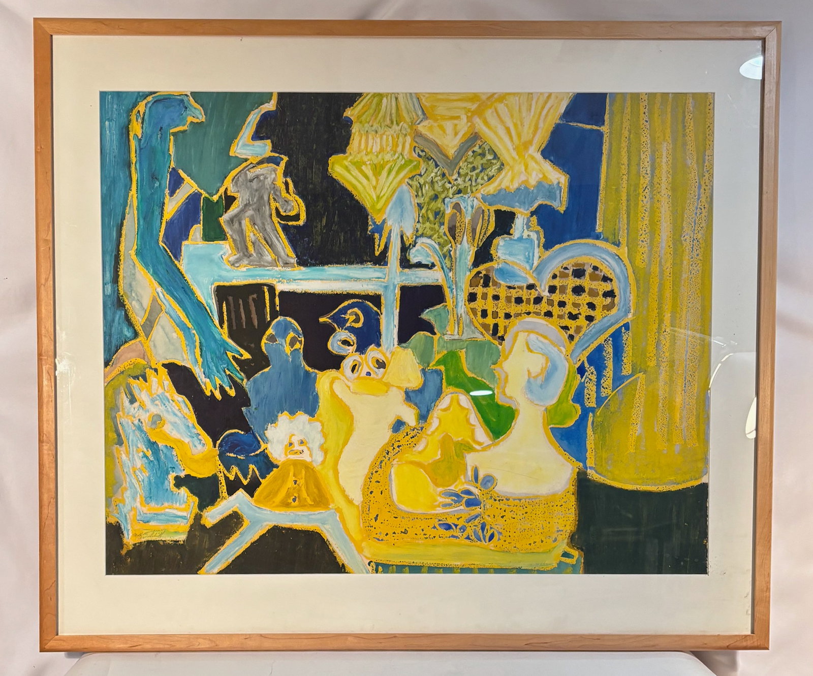 Molly J. Schiff (1927–2018), Patient Props, Study III – Oil painting, signed.: A vibrant and complex modernist interior scene composed of layered abstract figures, stylized animals, floral forms, and theatrical “props,” rendered in Schiff’s hallmark palette of bold yel