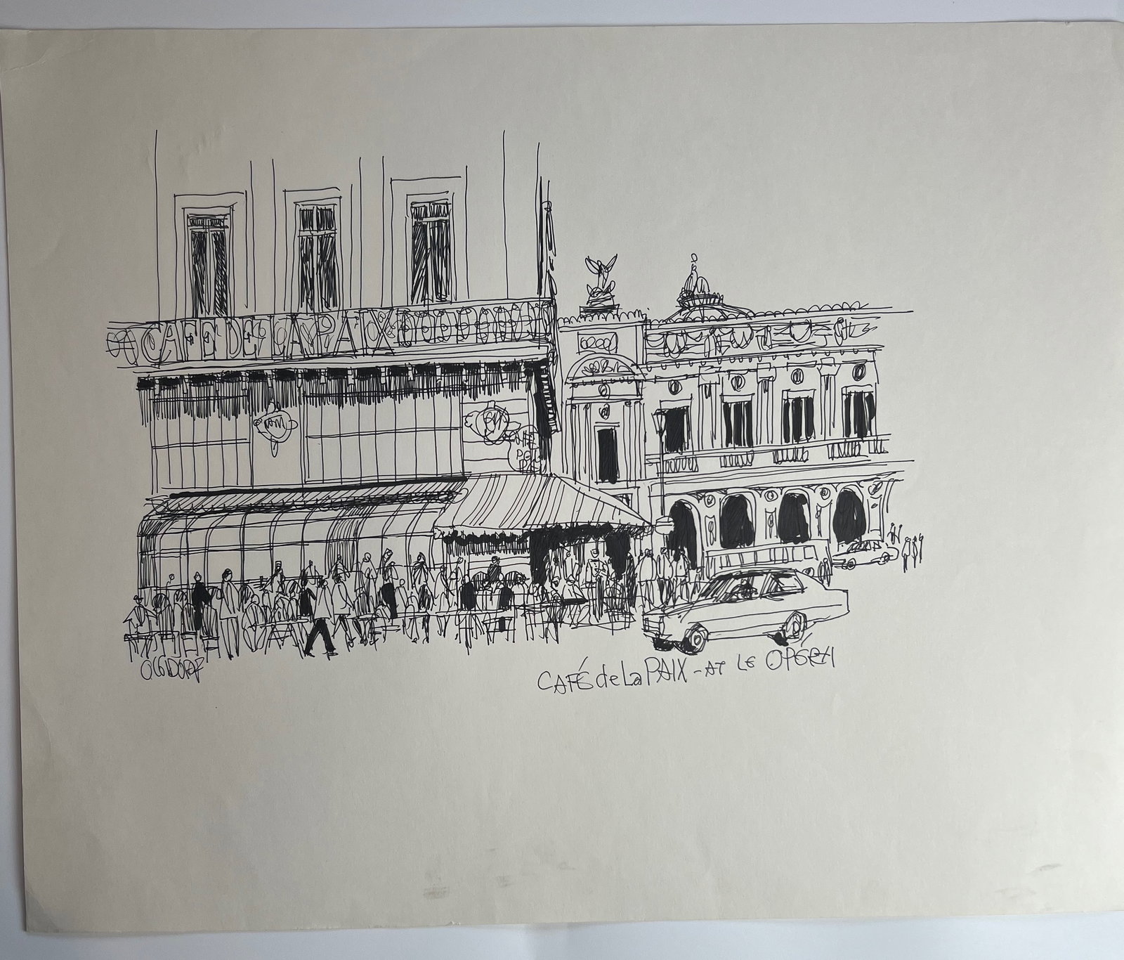 Pen-and-ink architectural Sketch "Café de la Paix - at Le Opéra,?? signed by William Orlandorf: William Orlandorf (American, 1924-1996), was a lifelong Chicago resident and world recognized artist sketched and painted Chicago and the cities of Europe for over 30 years. Bill's style is neo-impres