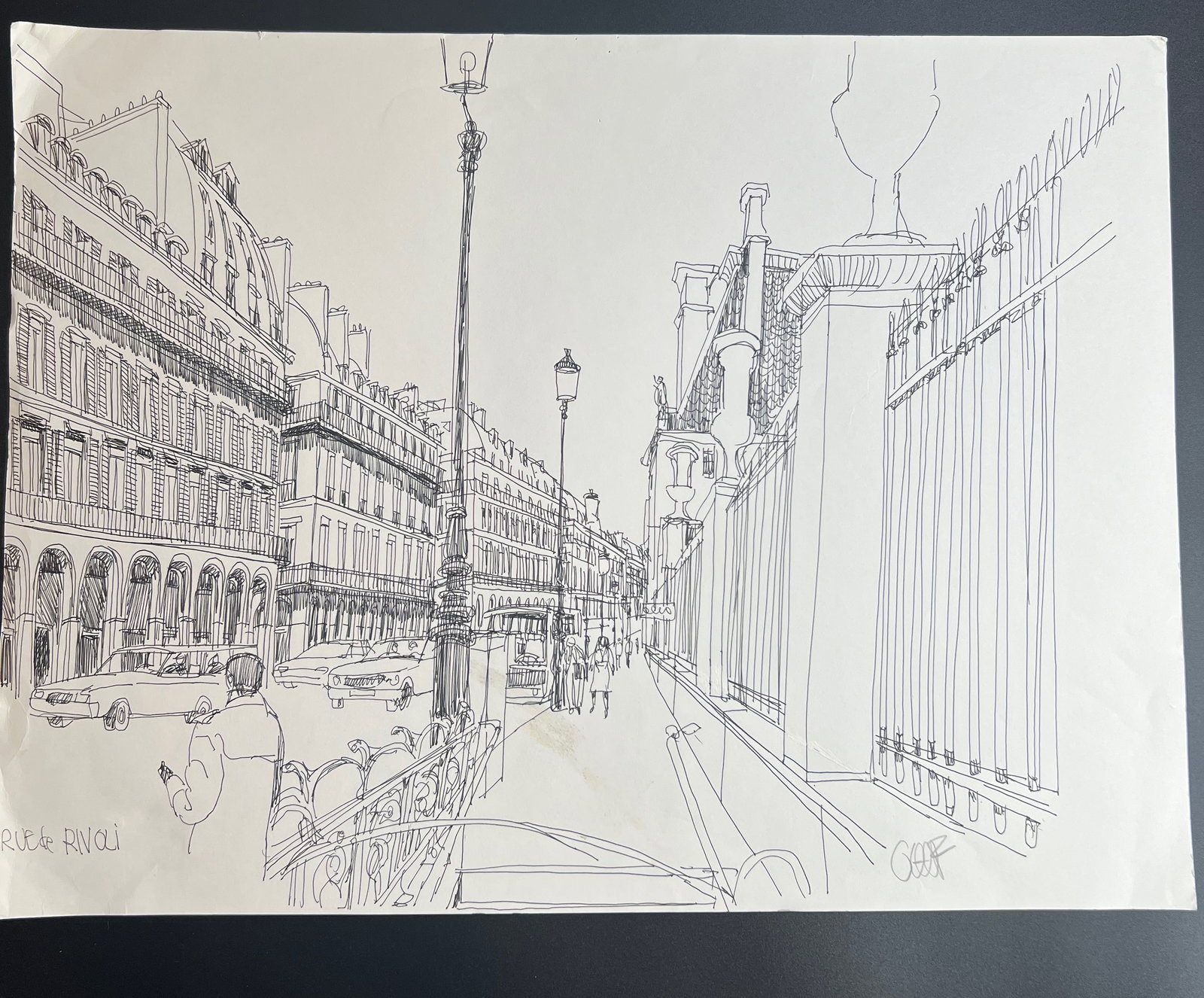 Pen-and-ink architectural Sketch "Rue de Rivoli in Paris " signed by William Orlandorf: William Orlandorf (American, 1924-1996), was a lifelong Chicago resident and world recognized artist sketched and painted Chicago and the cities of Europe for over 30 years. Bill's style is neo-impres