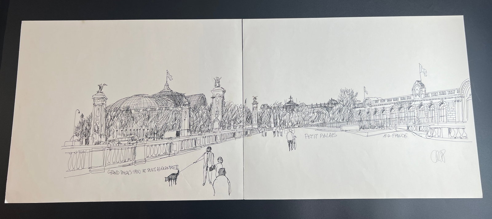 Pen-and-ink architectural Sketch “Grand Palais -1900 @ Pont Alexandre III; Petit Palais ; Air: William Orlandorf (American, 1924-1996), was a lifelong Chicago resident and world recognized artist sketched and painted Chicago and the cities of Europe for over 30 years. Bill's style is neo-impres