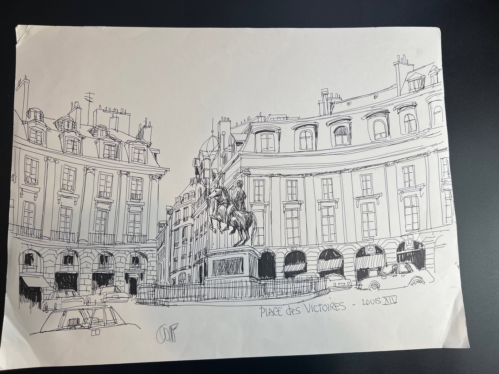Pen-and-ink architectural Sketch “Place des Victoires in Paris, France; " signed by William: William Orlandorf (American, 1924-1996), was a lifelong Chicago resident and world recognized artist sketched and painted Chicago and the cities of Europe for over 30 years. Bill's style is neo-impres