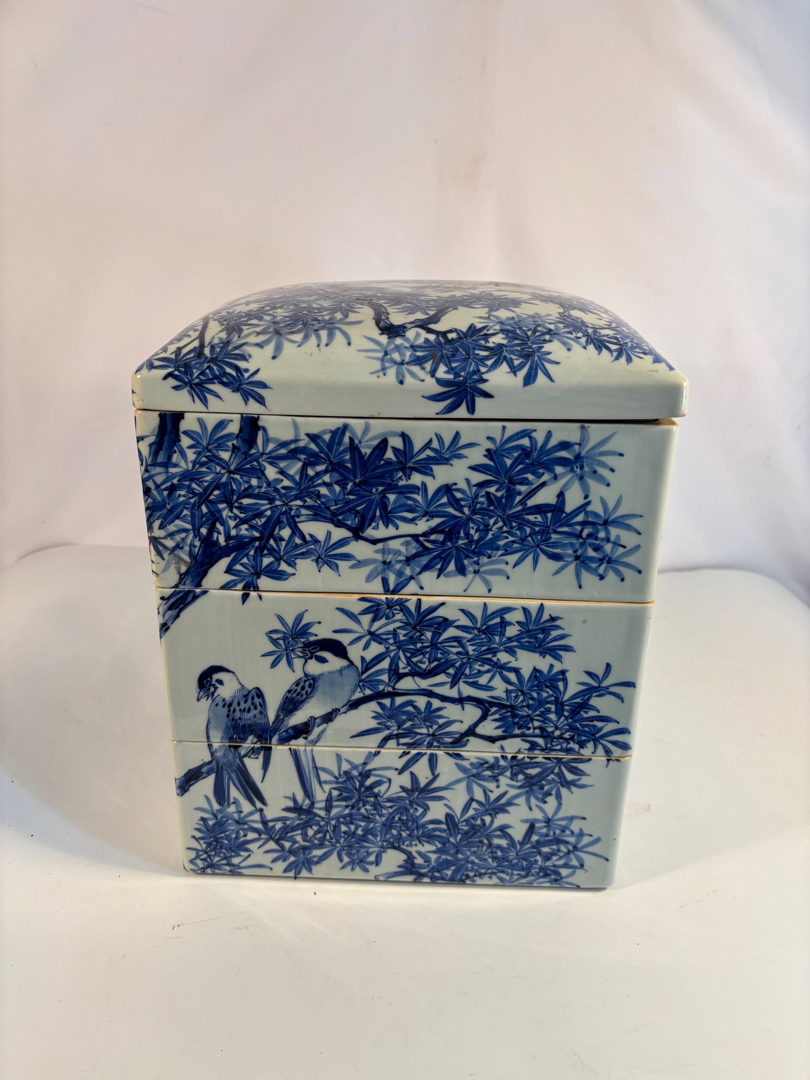 Museum quality Large Japanese Blue and White Porcelain 3-tier Stacking Box (Jubako) , Edo: Edo period (1603–1868) ,Japanese blue and white porcelain stacking box (jubako), attributed to Kameyama ware. The three-tier rectangular form finely painted in underglaze cobalt blue with sparrows p
