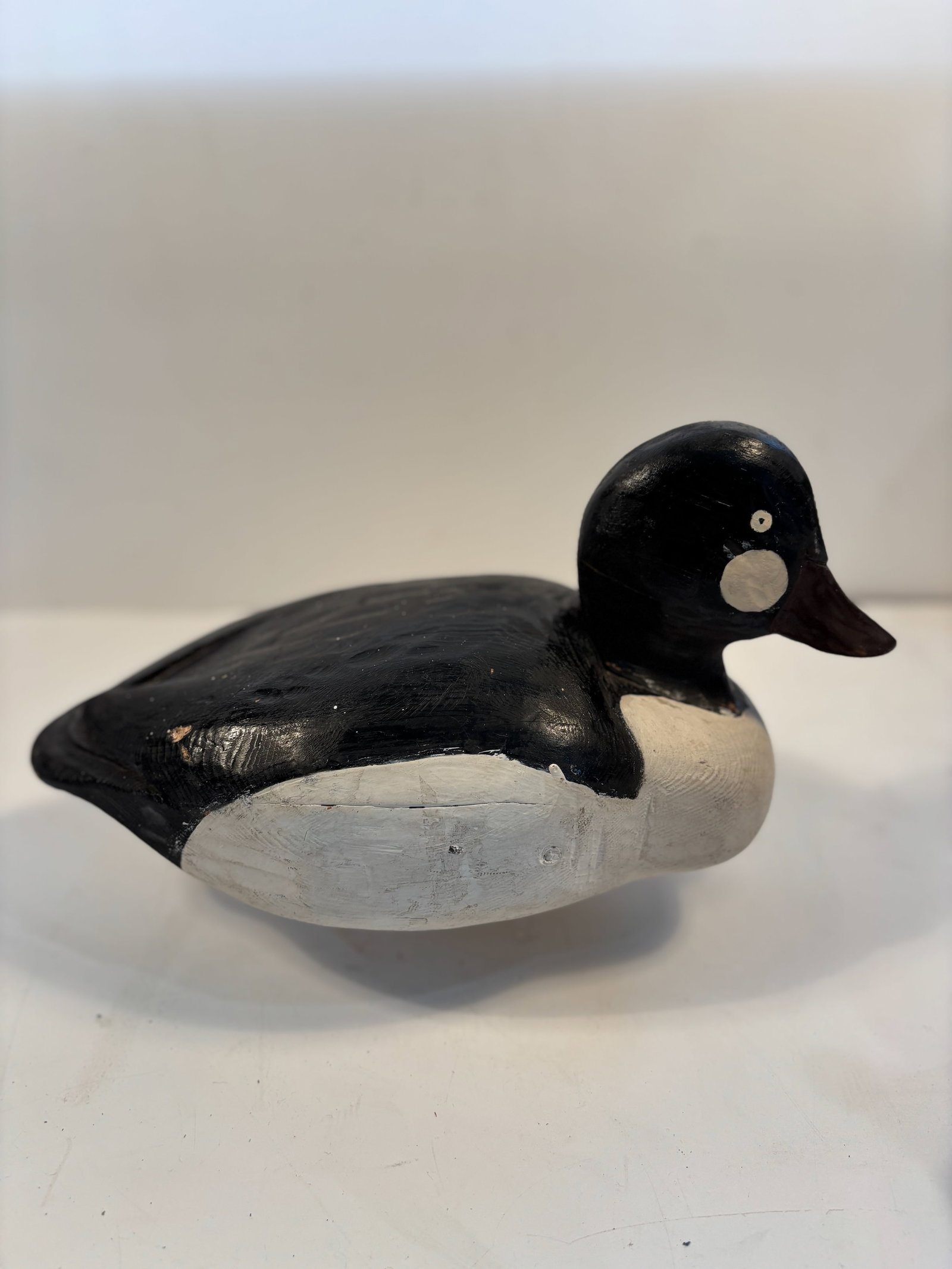 Vintage likely golden eye drake decoy: Black & White Paint; Dimensions?6.5 inches high x 6.5 inches wide x 13 inches length