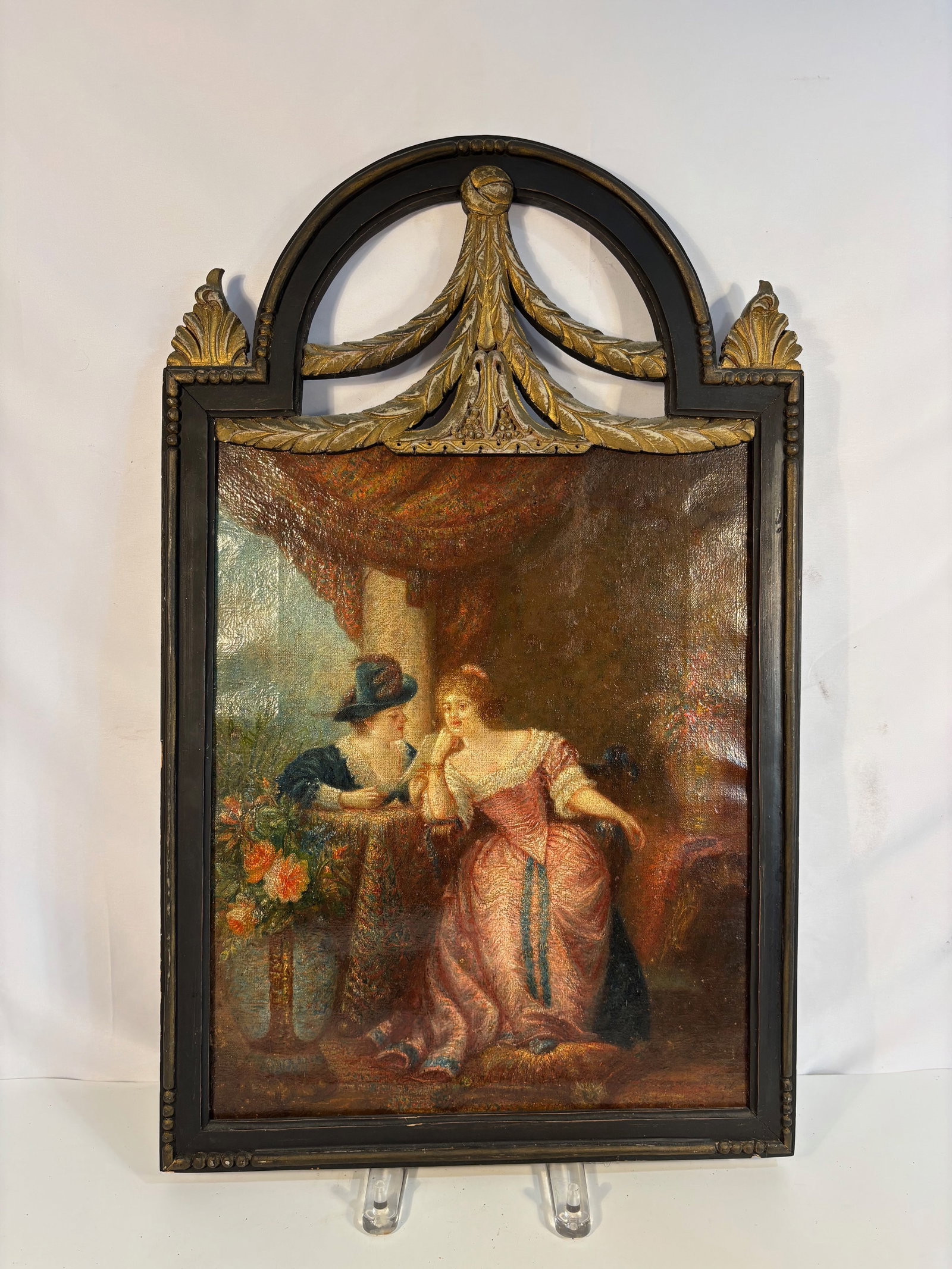 Oil on canvas “Conversation of Ladies??, Rococo revival style, gilt neoclassical frame.: 19th Century; Depicting two elegantly dressed ladies in conversation, set in an interior with floral arrangement, classical column, and heavy drapery, this 19th-century oil on canvas reflects Rococo a