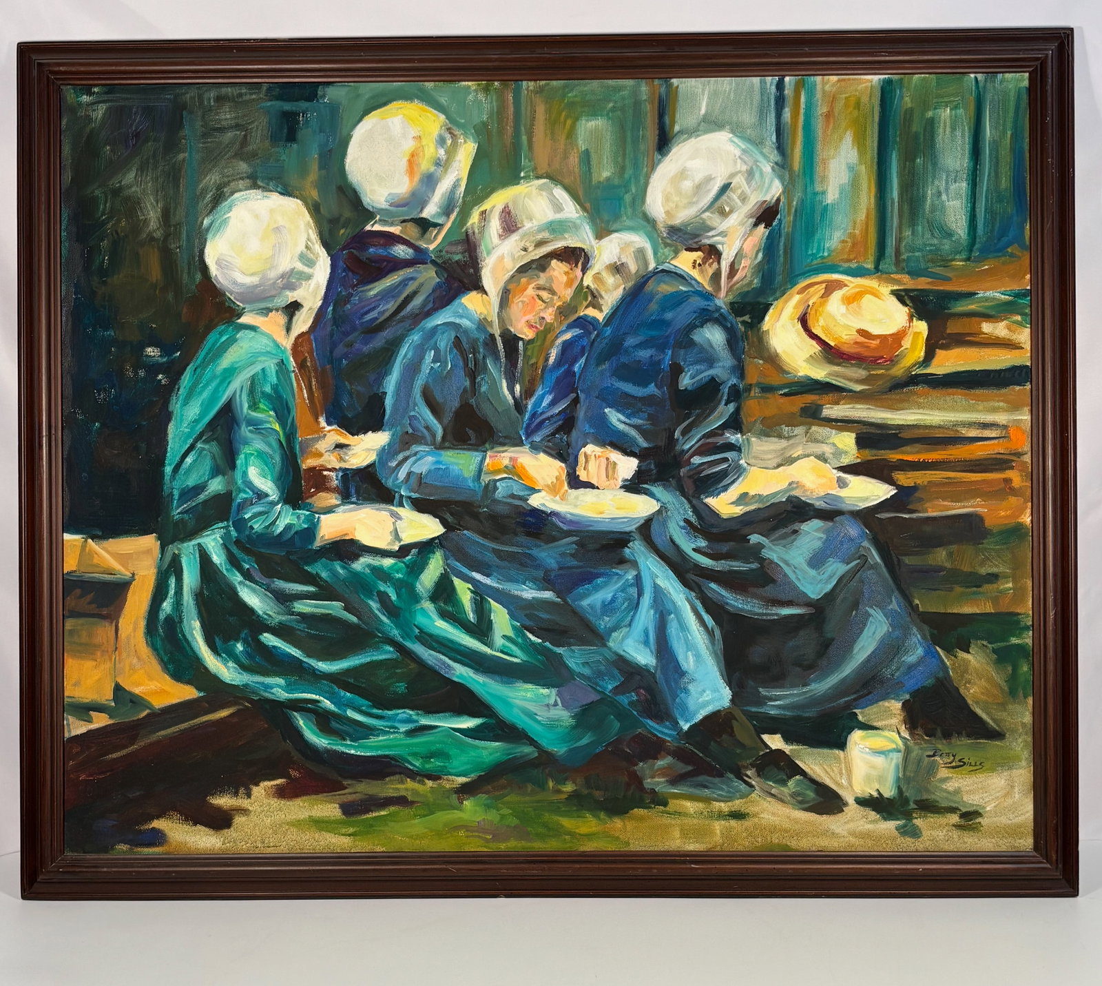 Betty Sills (20th Century, Illinois) – Amish Women at Supper, Oil on Canvas: An oil on canvas painting by Illinois artist Betty Sills, depicting a group of women in traditional Amish/Mennonite dress and white bonnets, seated together at a meal. Rendered in expressive brushwork