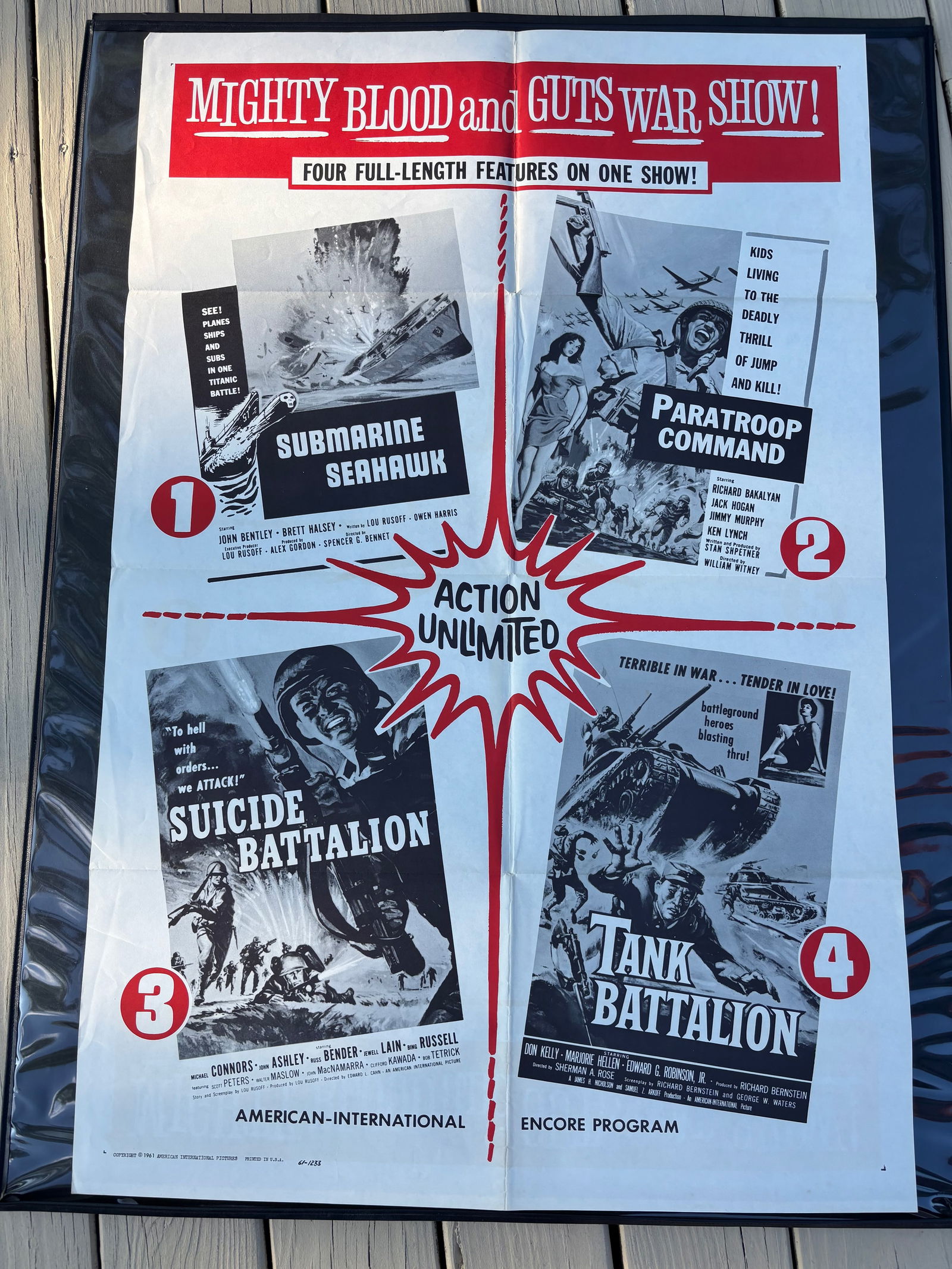Quad Feature Encore Program Poster: Submarine Seahawk • Paratroop Command • Suicide Battalion • Tank Battalion. size: Dimensions?27inches x 41 inches.