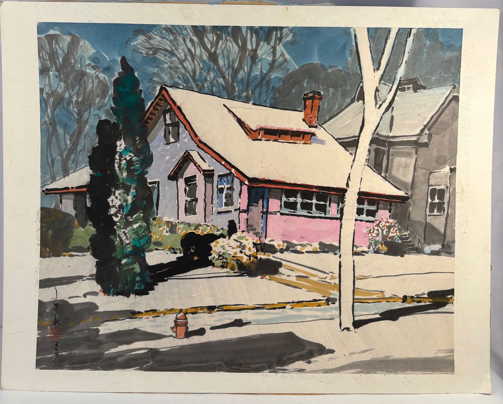 Ma Paishui (Ma Baishui) 1913–2000, “House in Sunlight,?? Ink and Color on Paper, 1974: Depicting a quiet residential street under bright sunlight, this work captures a pink-roofed house framed by tall evergreens and winter trees. Executed in ink and color on paper, it combines confident