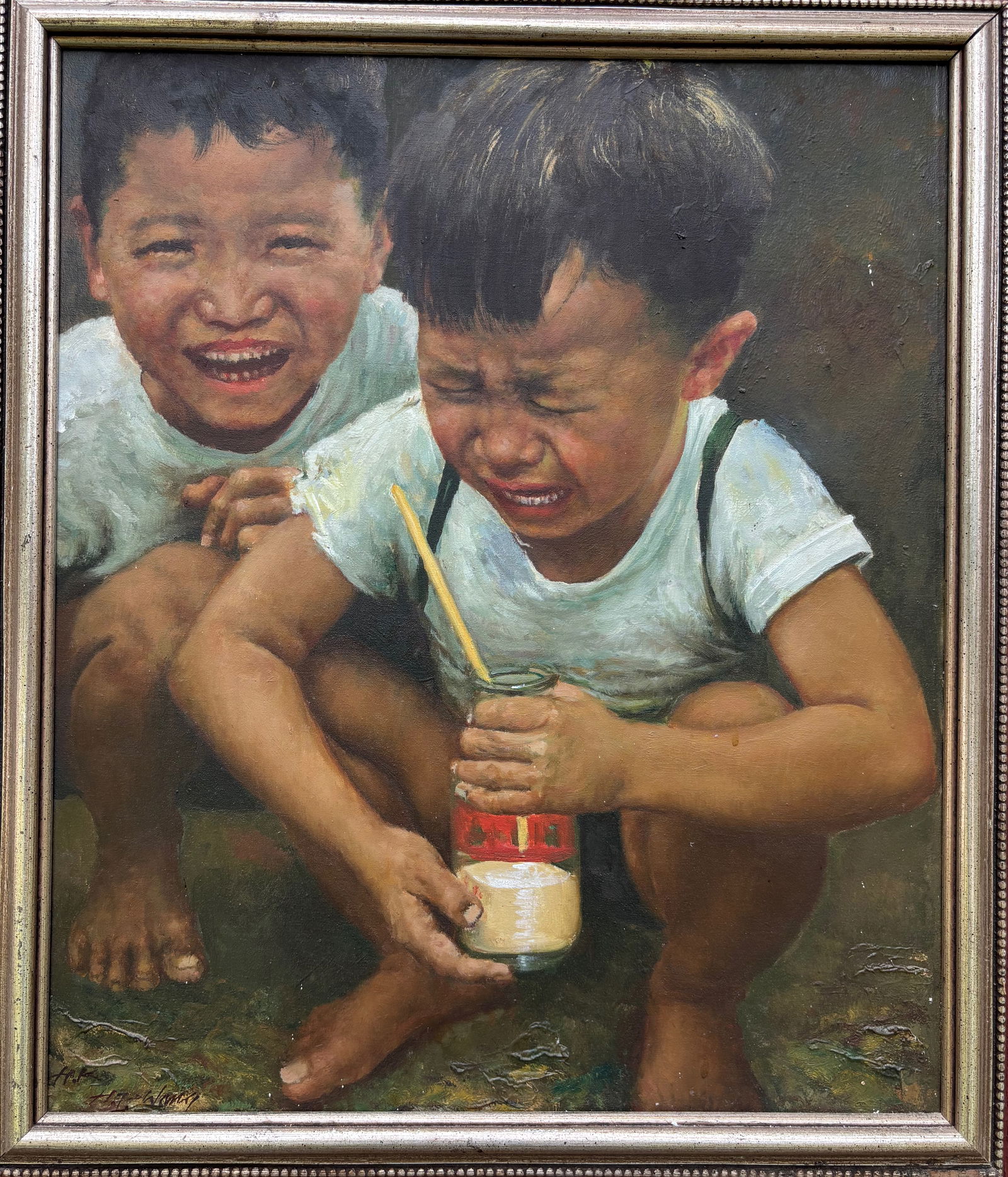 H.Z. Wang (20th Century) — "Crying Child with Bottle", Oil on Canvas: A finely framed executed realist oil painting depicting two young boys in an emotional moment—one laughing heartily while the other cries, clutching a vintage-style glass bottle with a straw. Signed