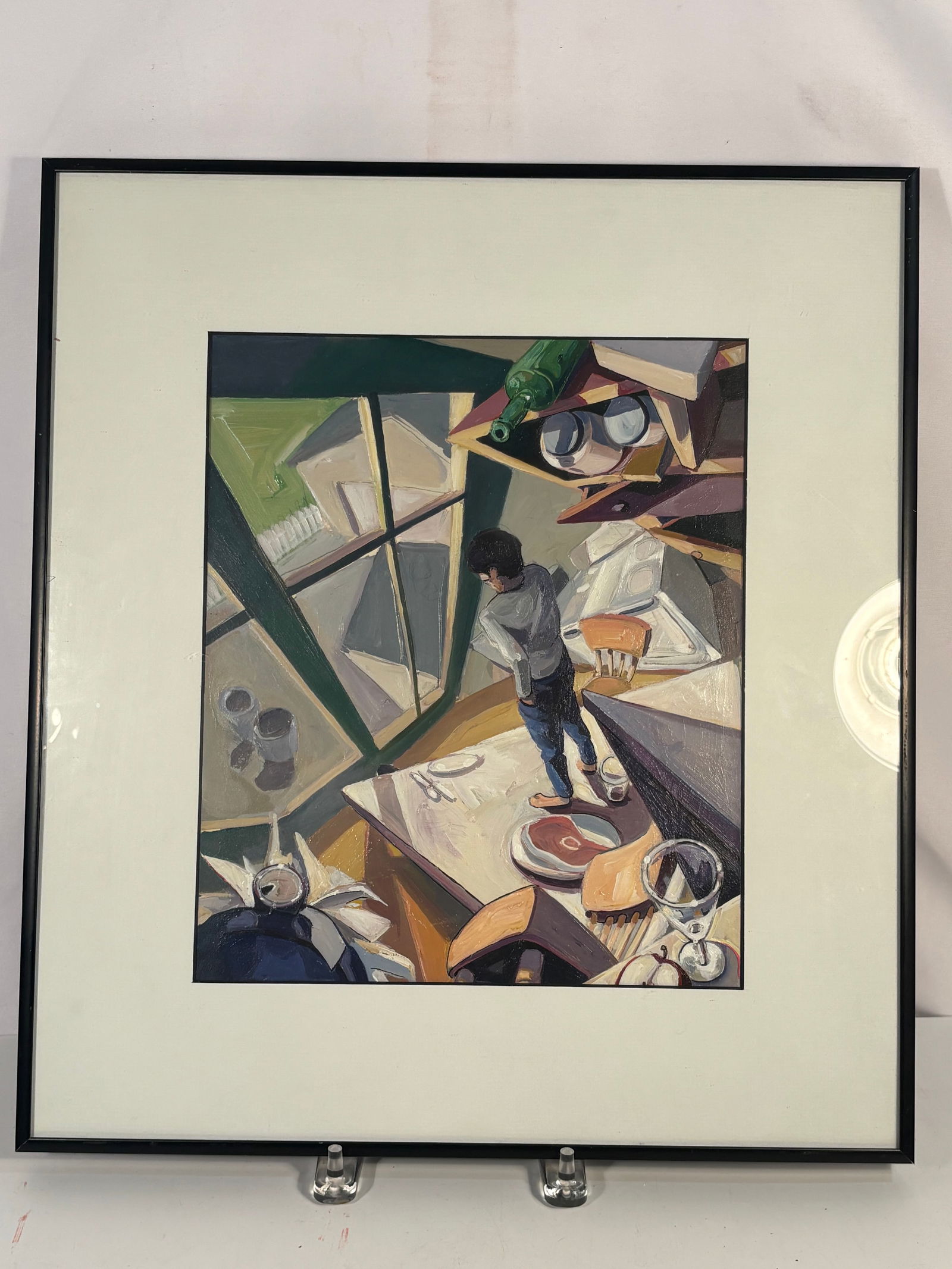 Eric Masi (American, Chicago) Oil on Canvas, “Bad Meal: Original oil painting by Eric Masi, titled Bad Meal, depicting a psychologically charged interior dining scene with angular tabletops, glassware, bottles, food elements, and a solitary standing figure