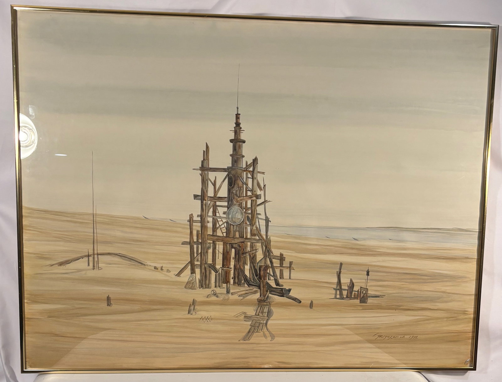 A Large Vladimir Grigorovich (b.1939) Surreal Architectural Landscape, 1978 framed: Surreal architectural landscape depicting a fantastical tower-like structure set within a barren desert terrain. Executed with delicate line work and tonal washes. Signed Grigorovich and dated 1978 lo