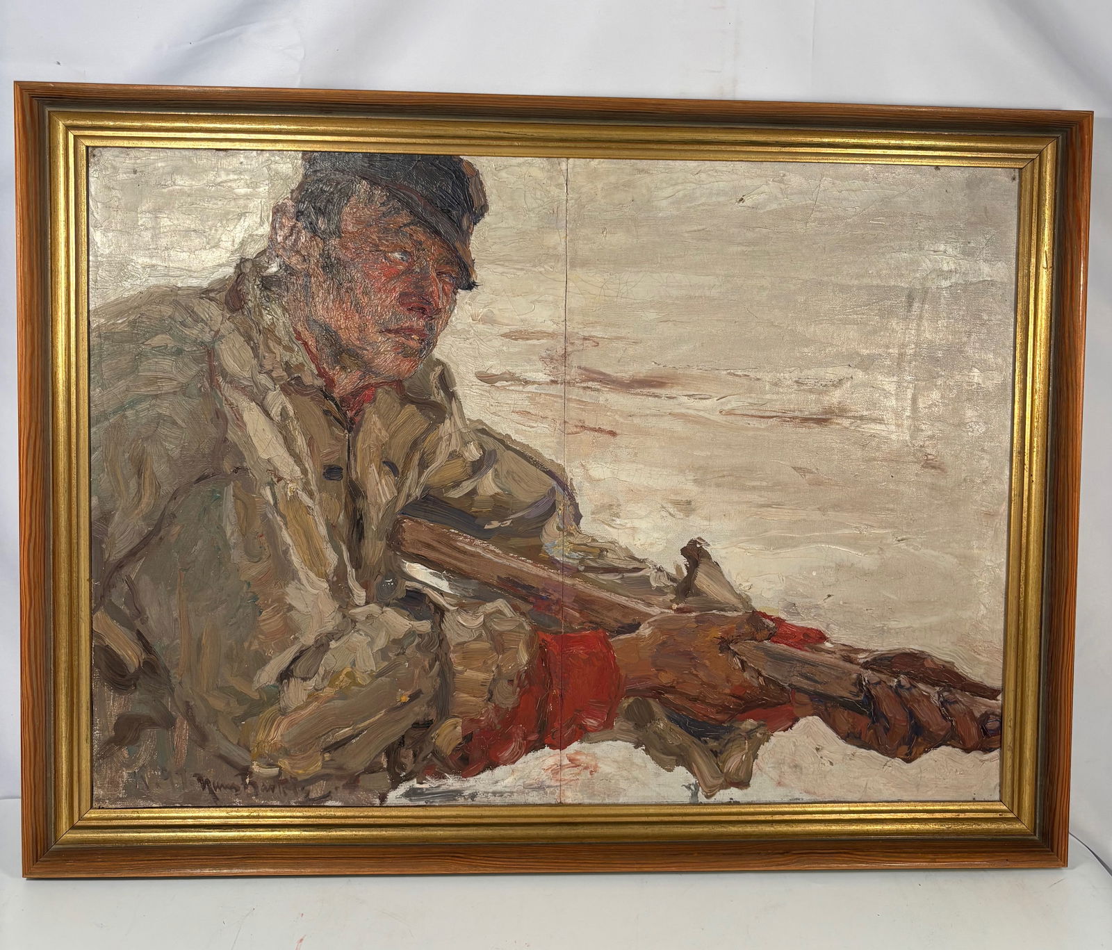 Hans Best (German, 1874–1942), Expressionist Hunter with Rifle Oil Painting, Signed: Oil on canvas depicting a hunter holding a rifle, rendered with bold impasto brushwork and earthy tones characteristic of early 20th-century German expressionist figure painting. Signed lower left “