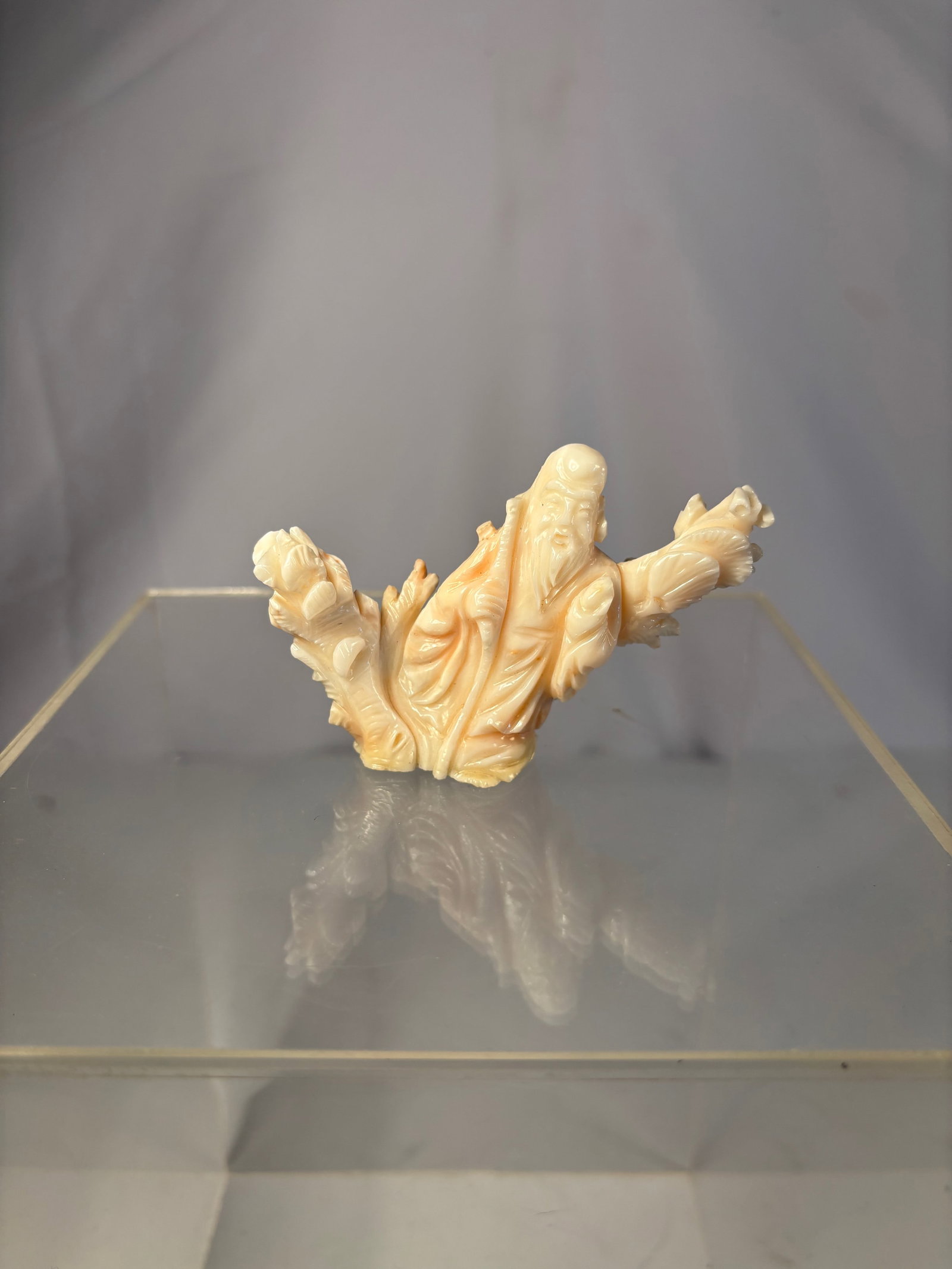 A Chinese Skin Pink Coral Carving of Shou Lao with Attendants: Qing dyansty(1644-1912) ; A finely carved skin pink coral figure of Shou Lao, the Chinese God of Longevity, shown standing with flowing robes and attended by small companion figures. The coral display