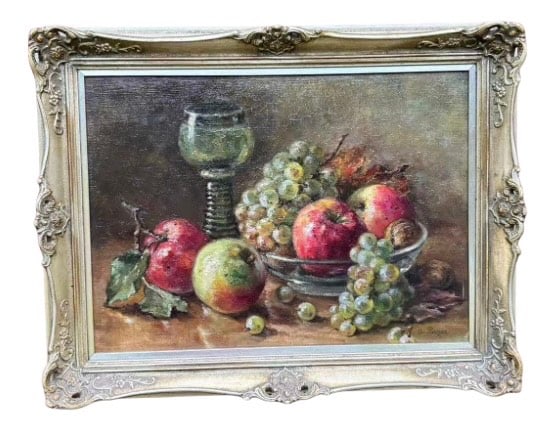Oil on Canvas Still Life of Fruit and Roemer Glass, Signed G. Parzer: A finely executed oil on canvas by G. Parzer, signed lower right, depicting a classic still life arrangement of apples, grapes, walnuts, and a green-tinted Roemer-style wine glass. The composition is