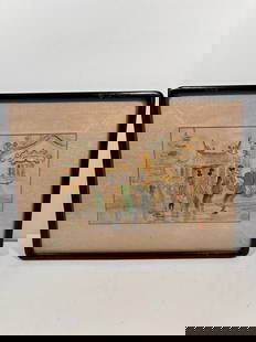 A Chinese water color painting "Temple Gate and People" ,unknown artist: early 20th Century , Unknown artist, The figures are dressed in cheongsam (qipao) and traditional farmer attire, indicating an early 20th-century setting.Dimensions?17" x 12.5".